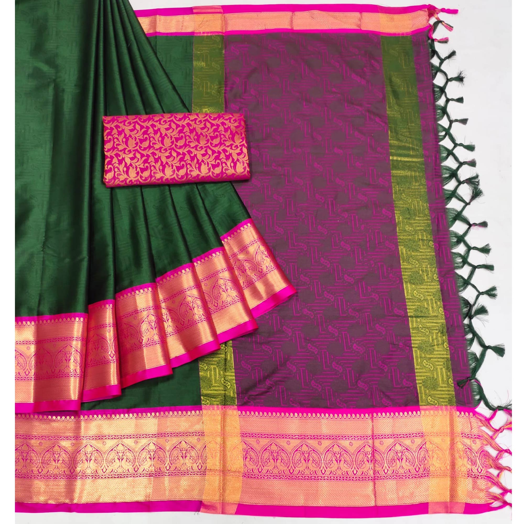 Bottle Green Woven Cotton Silk Saree With Tassels