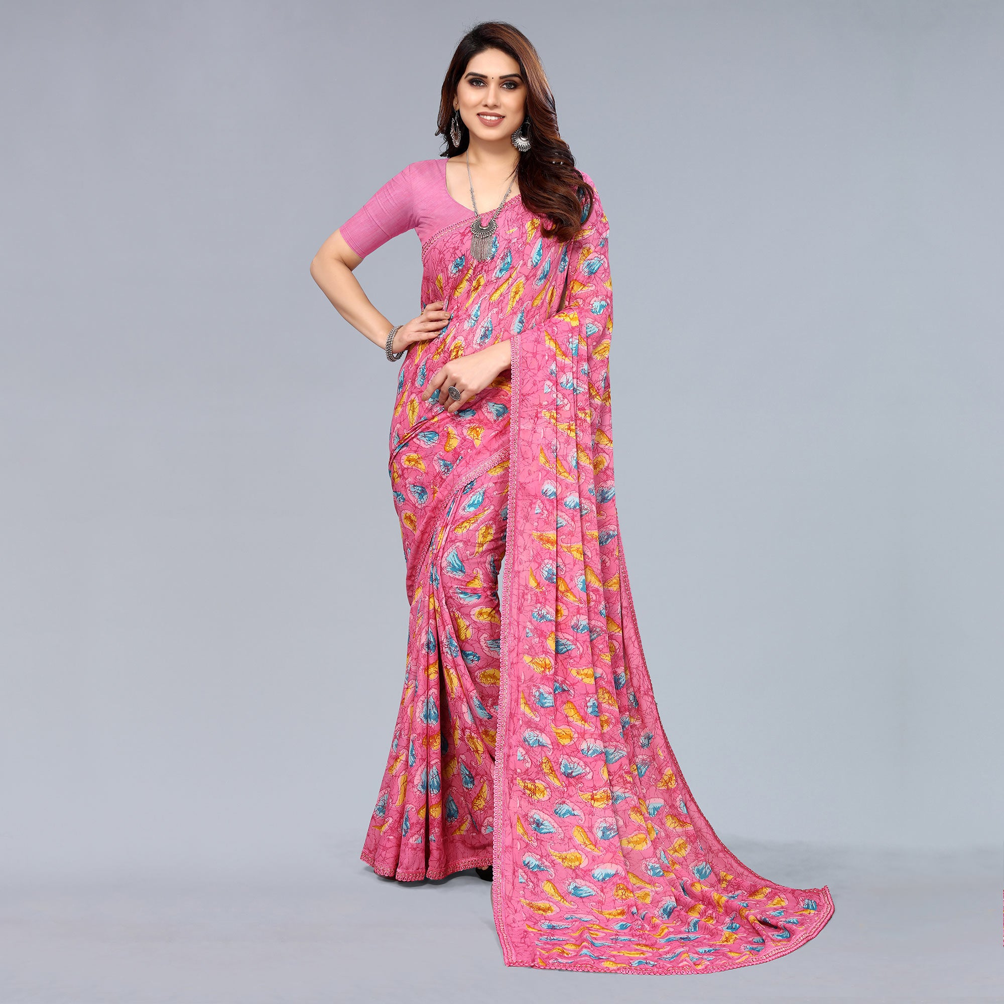Pink Printed Georgette Saree With Crochet Border