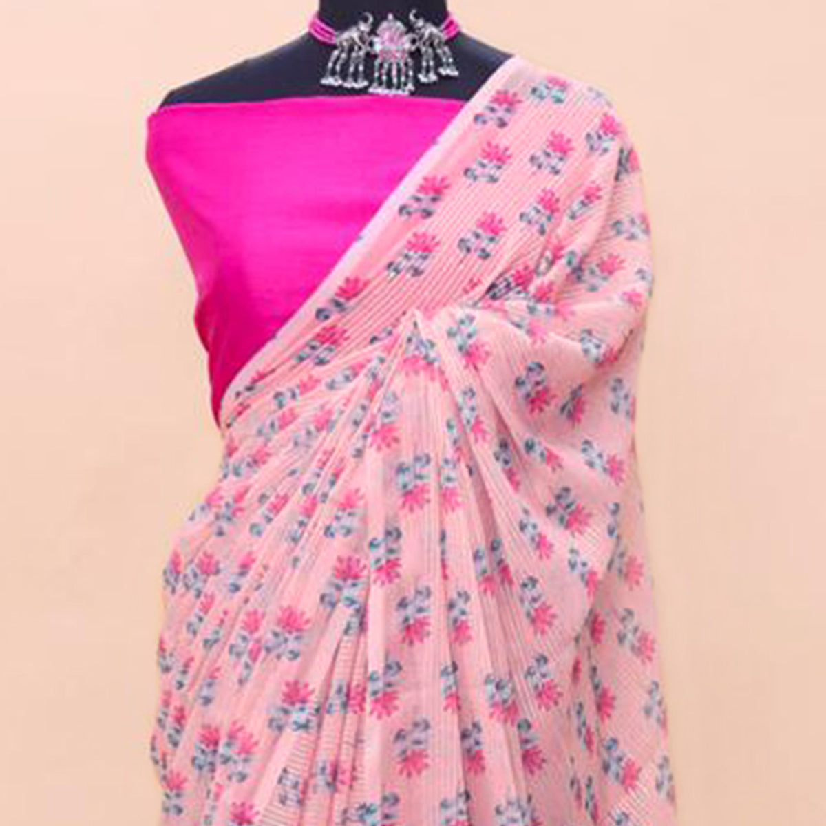 Pink Floral Printed And Sequins Work Georgette Saree