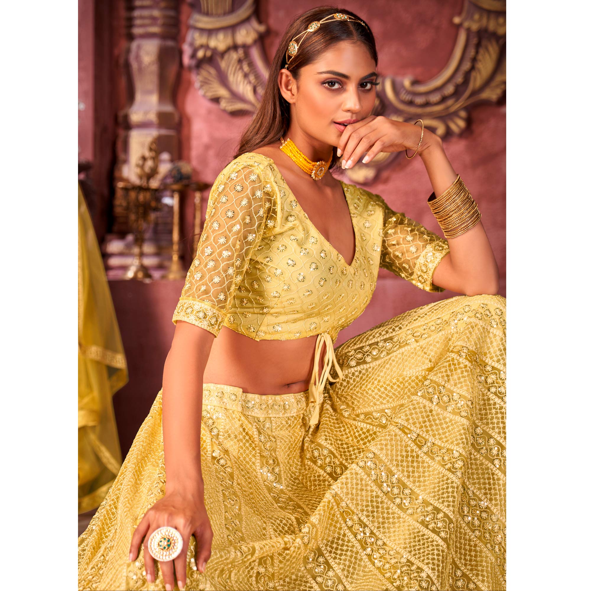 Yellow Floral Sequins Embroidered Net Lehenga Choli