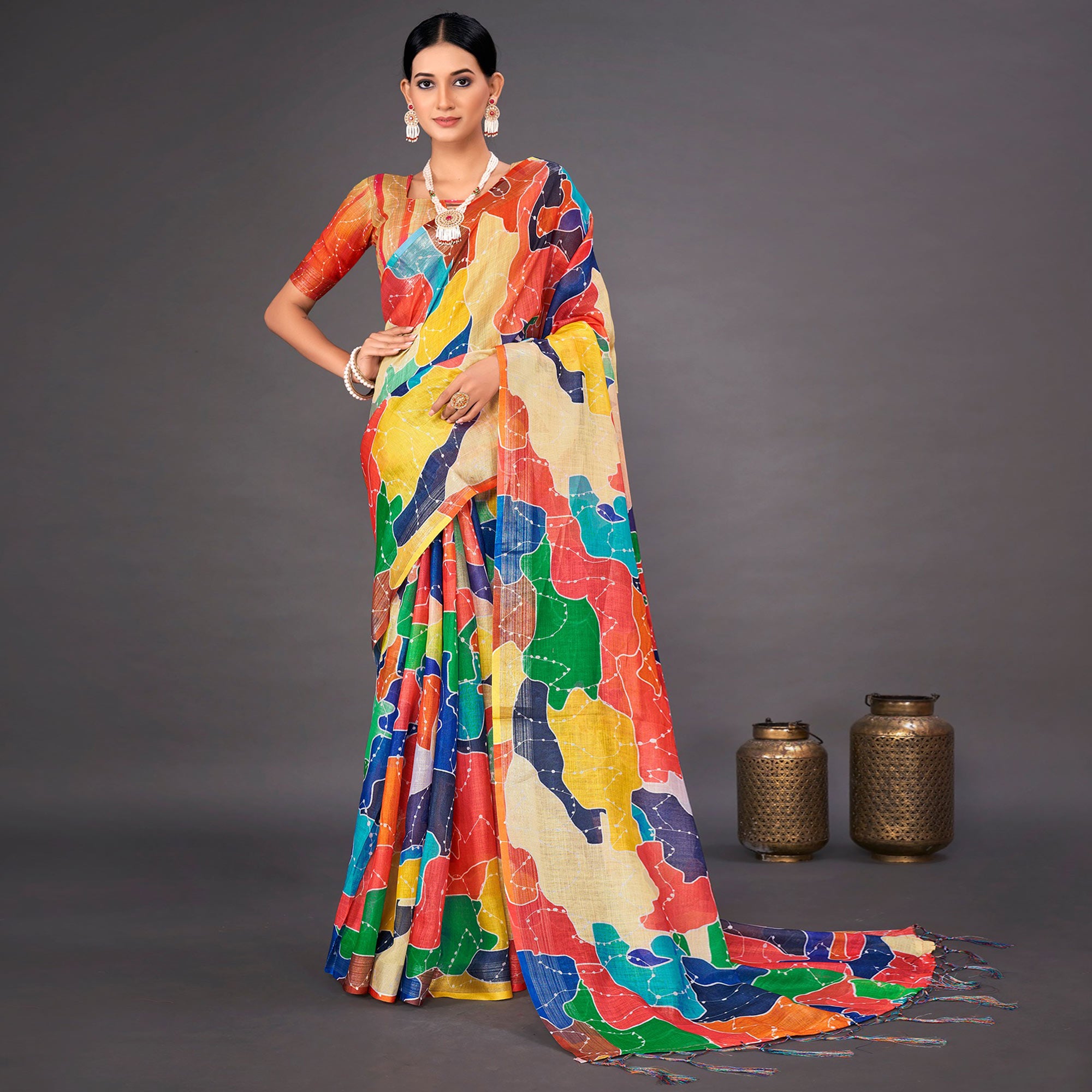 Multicolored Printed Crepe Saree Tassels