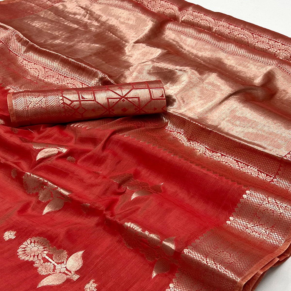 Red Floral Woven Organza Saree