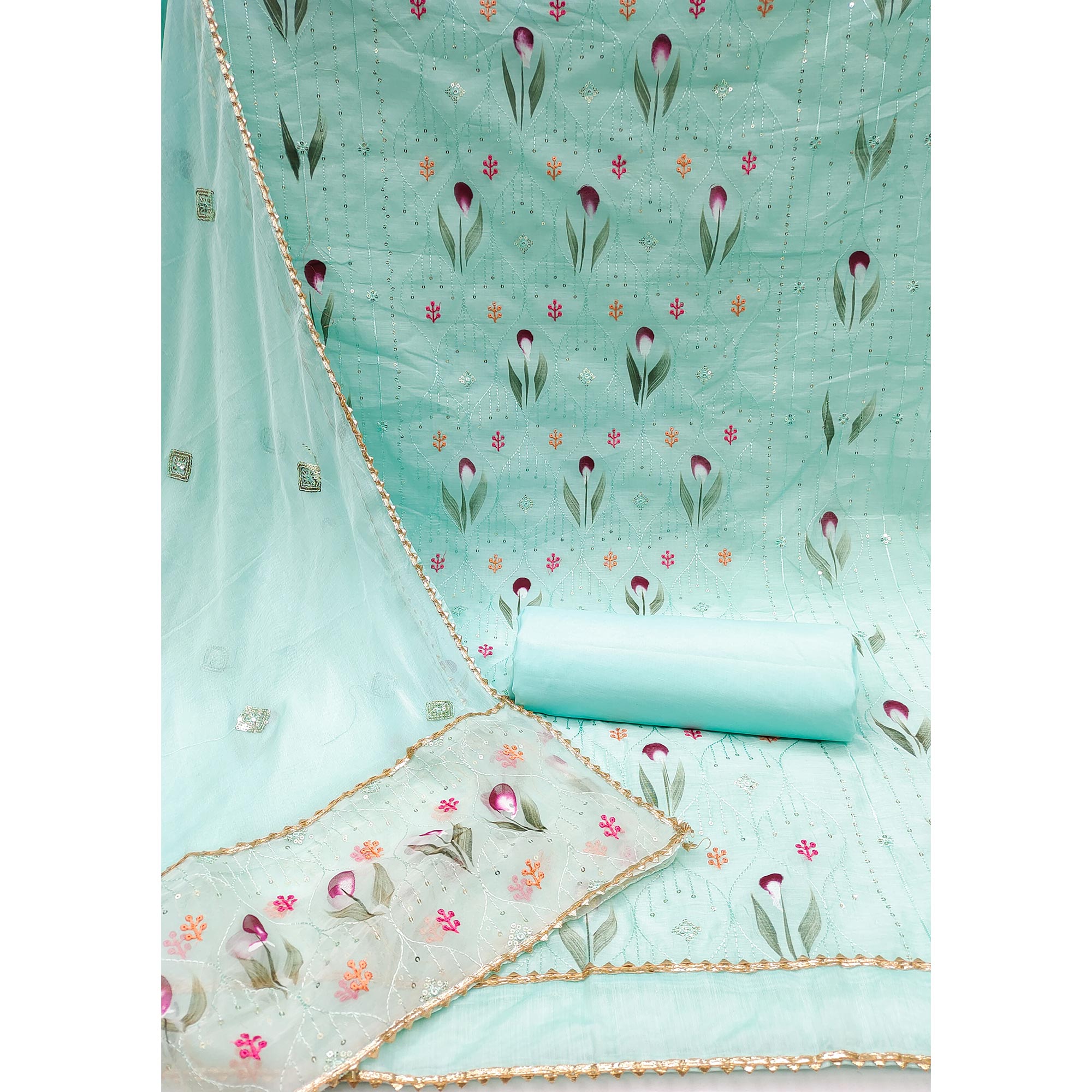 Blue Sequins Embroidered Chanderi Dress Material