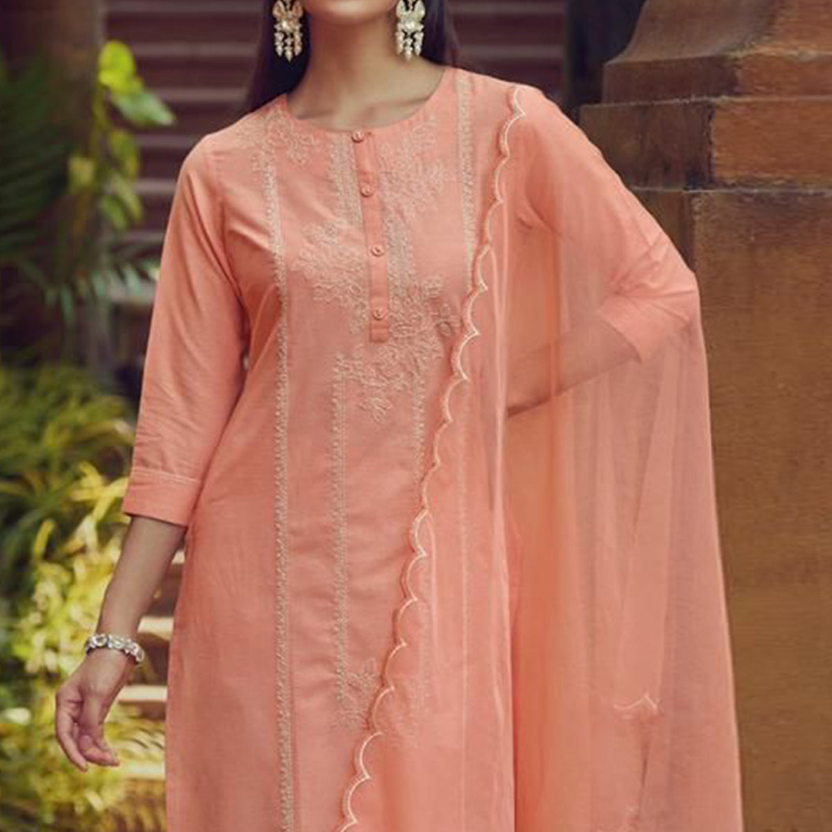Peach Kantha Embroidered Linen Salwar Suit