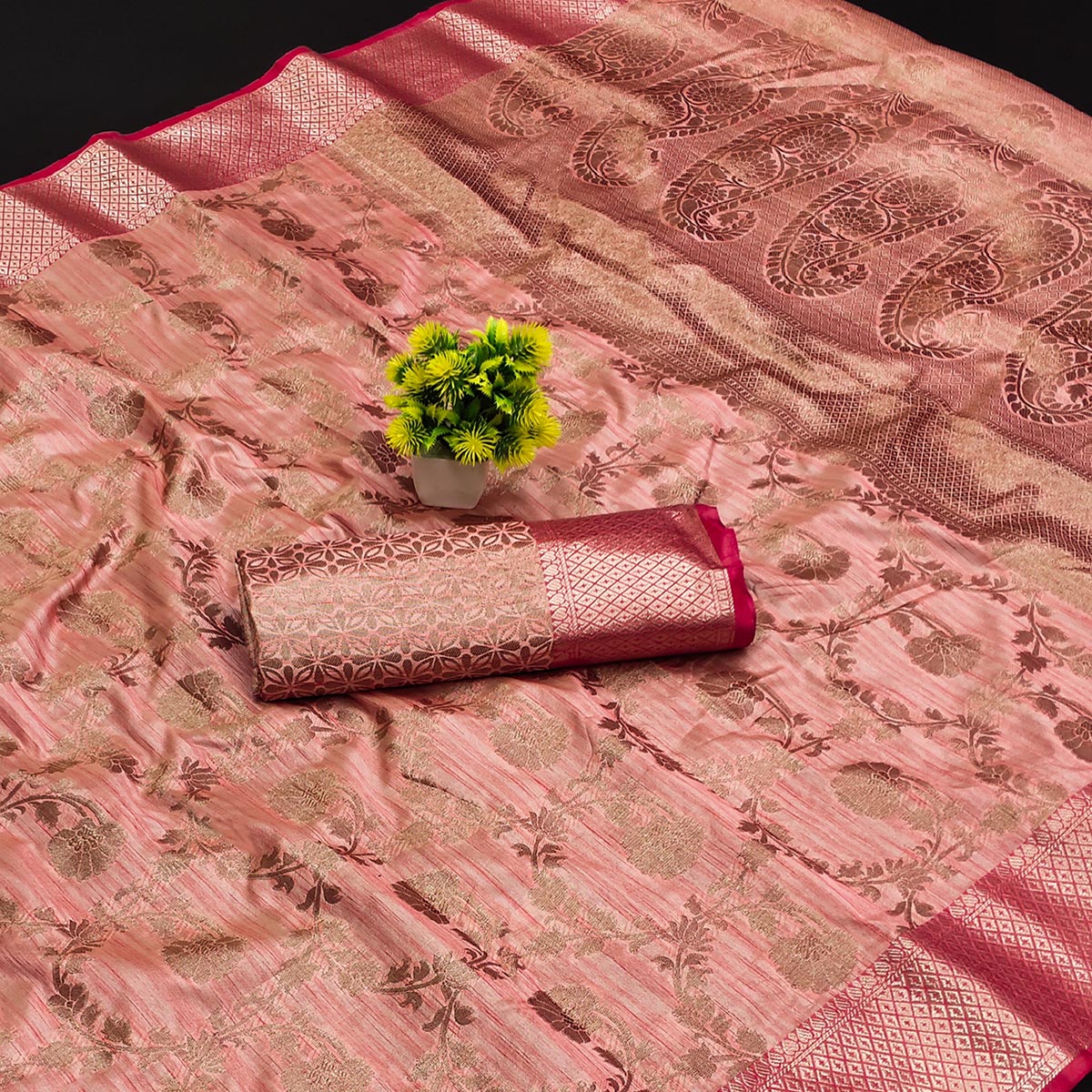 Peach Floral Woven Kanjivaram Silk Saree