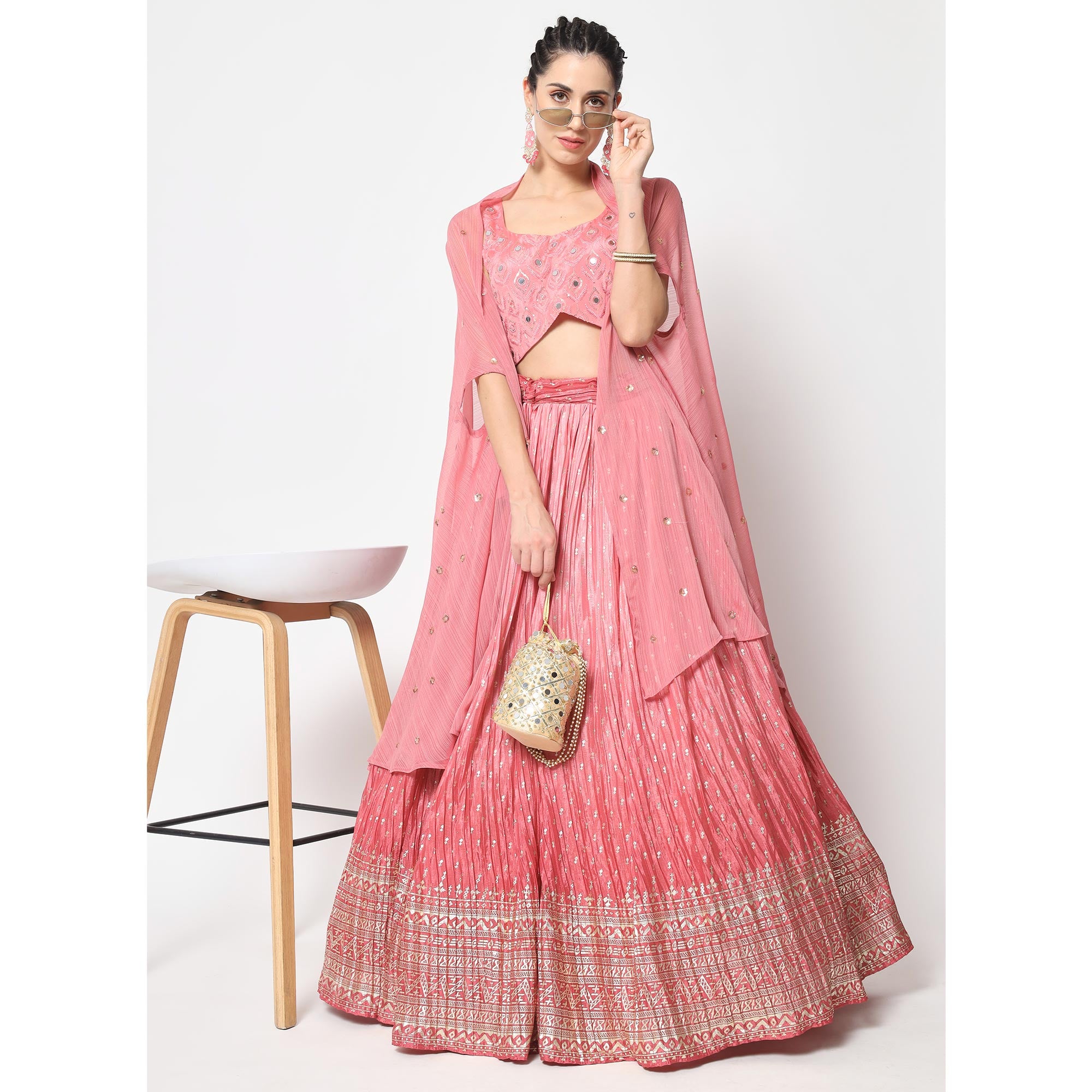 Pink Foil Printed Chiffon Lehenga Choli