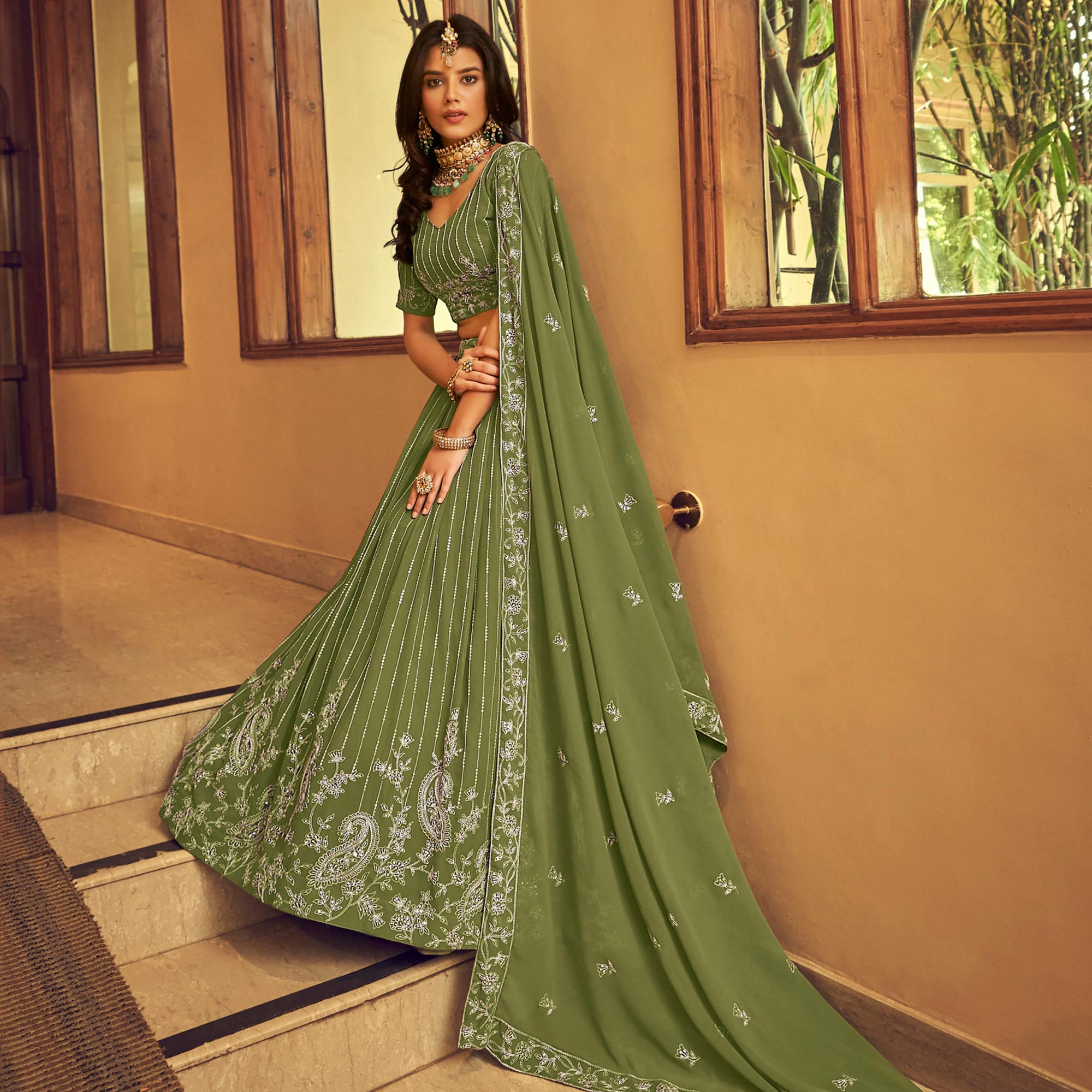 Mehendi Green Sequins Embroidered Georgette Lehenga Choli