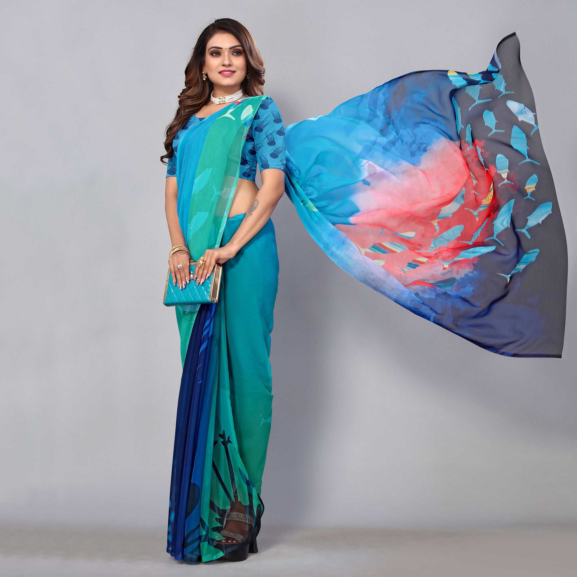 Blue Digital Printed Georgette Saree