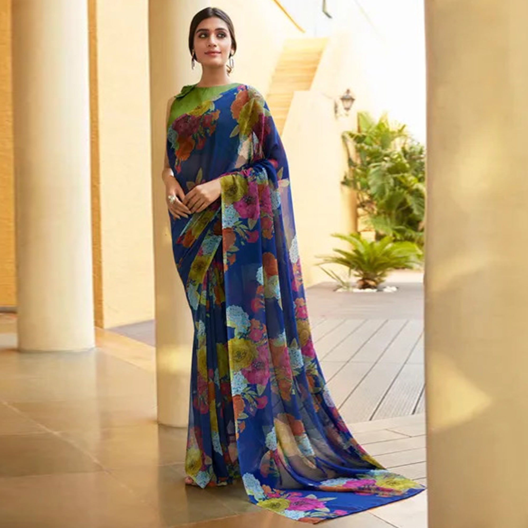 Royal Blue Floral Digital Printed Georgette Saree