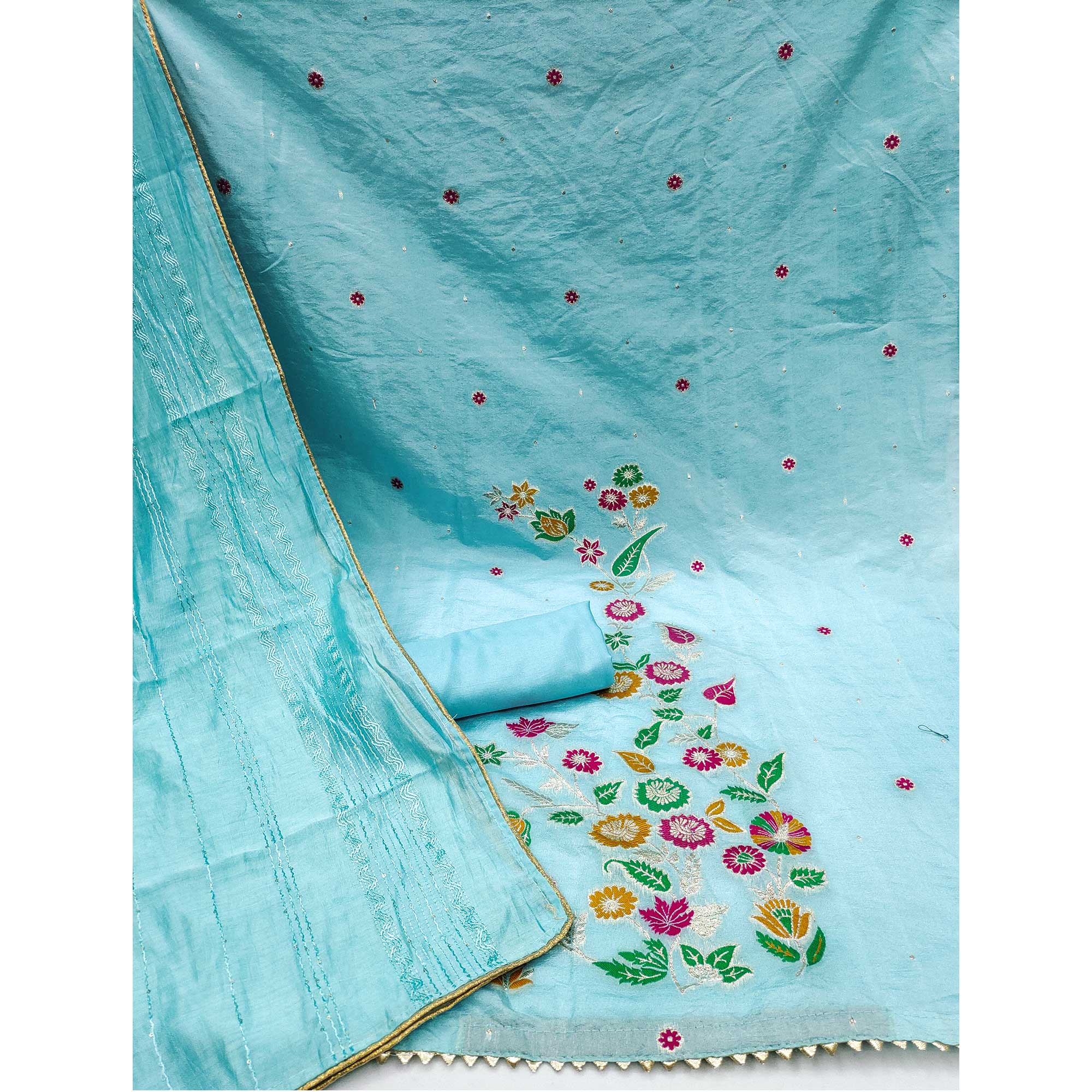 Blue Floral Woven Banarasi Silk Dress Material