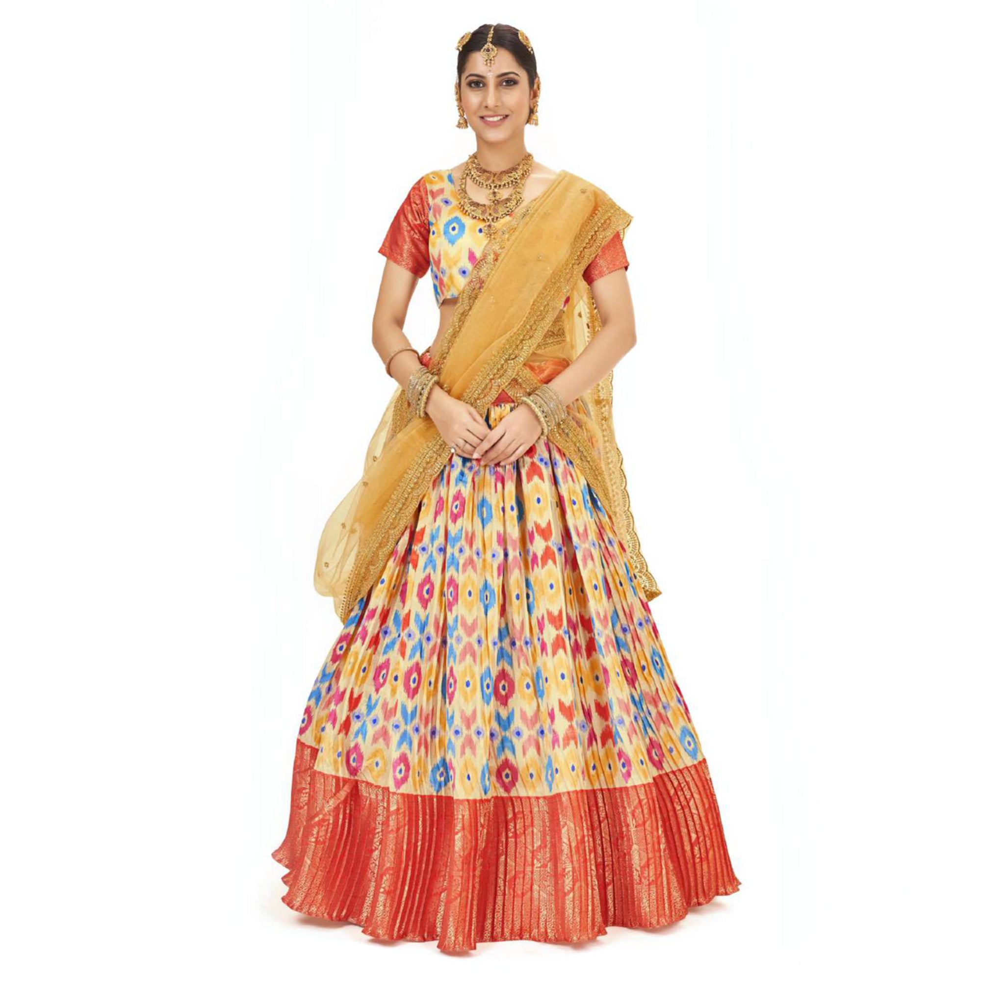 Light Yellow Digital Printed With Zari Work Art Silk Lehenga Choli