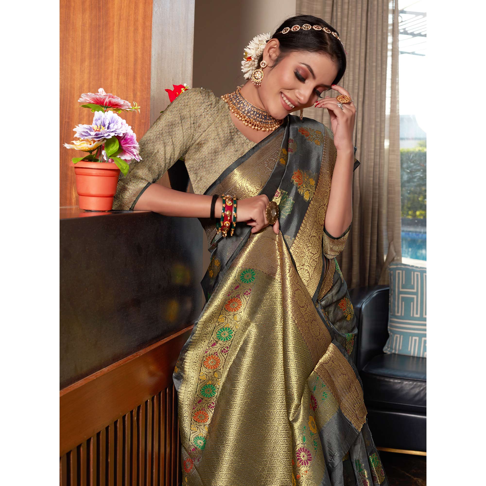 Grey Floral Woven Organza Saree