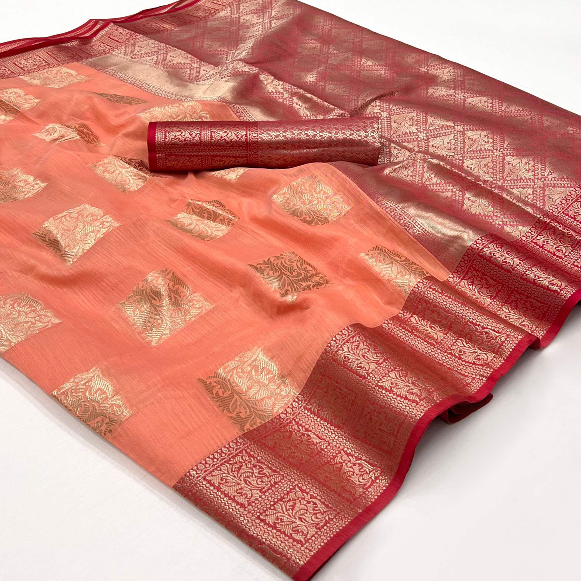 Peach Woven Linen Saree With Tassels