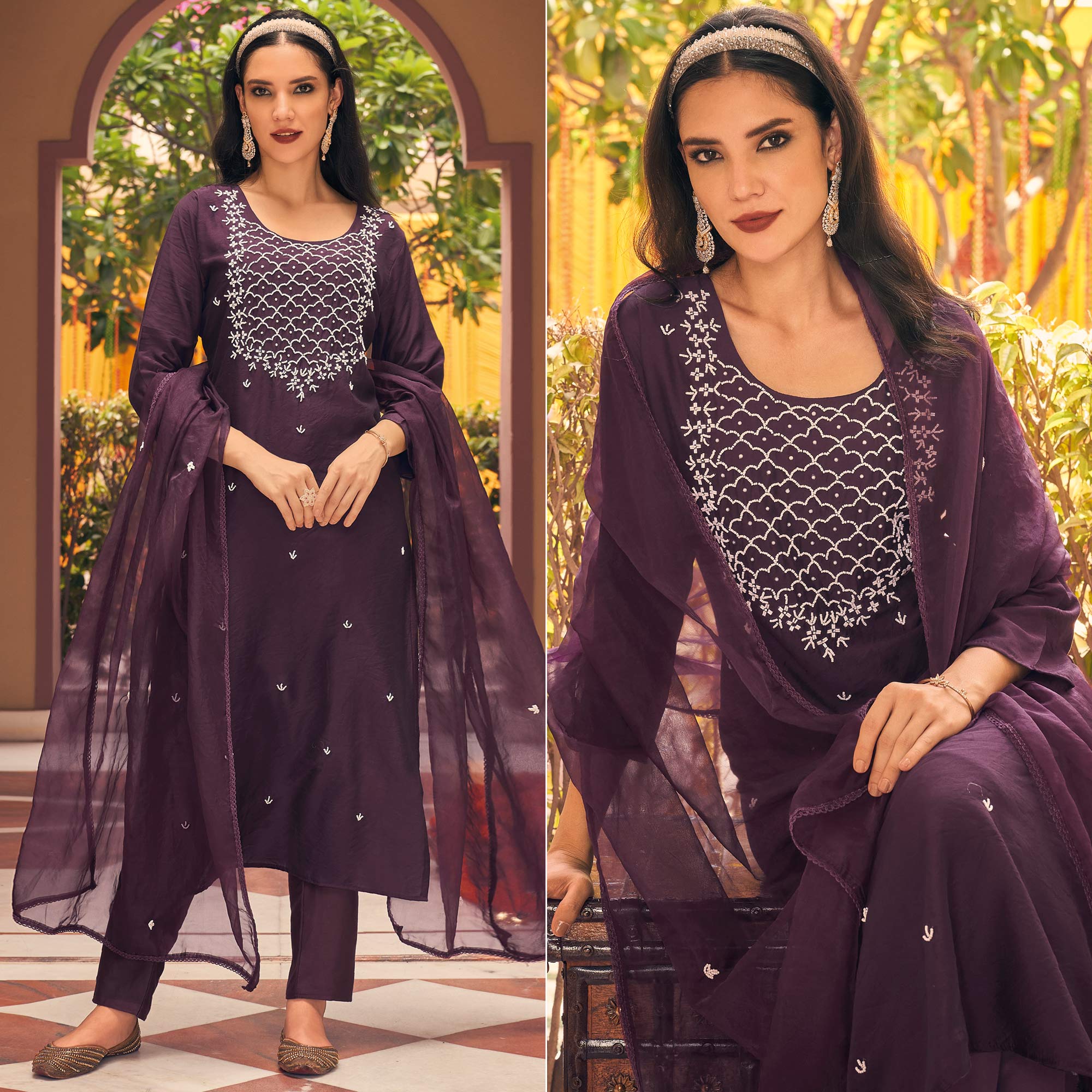 Wine Embellished Viscose Salwar Suit