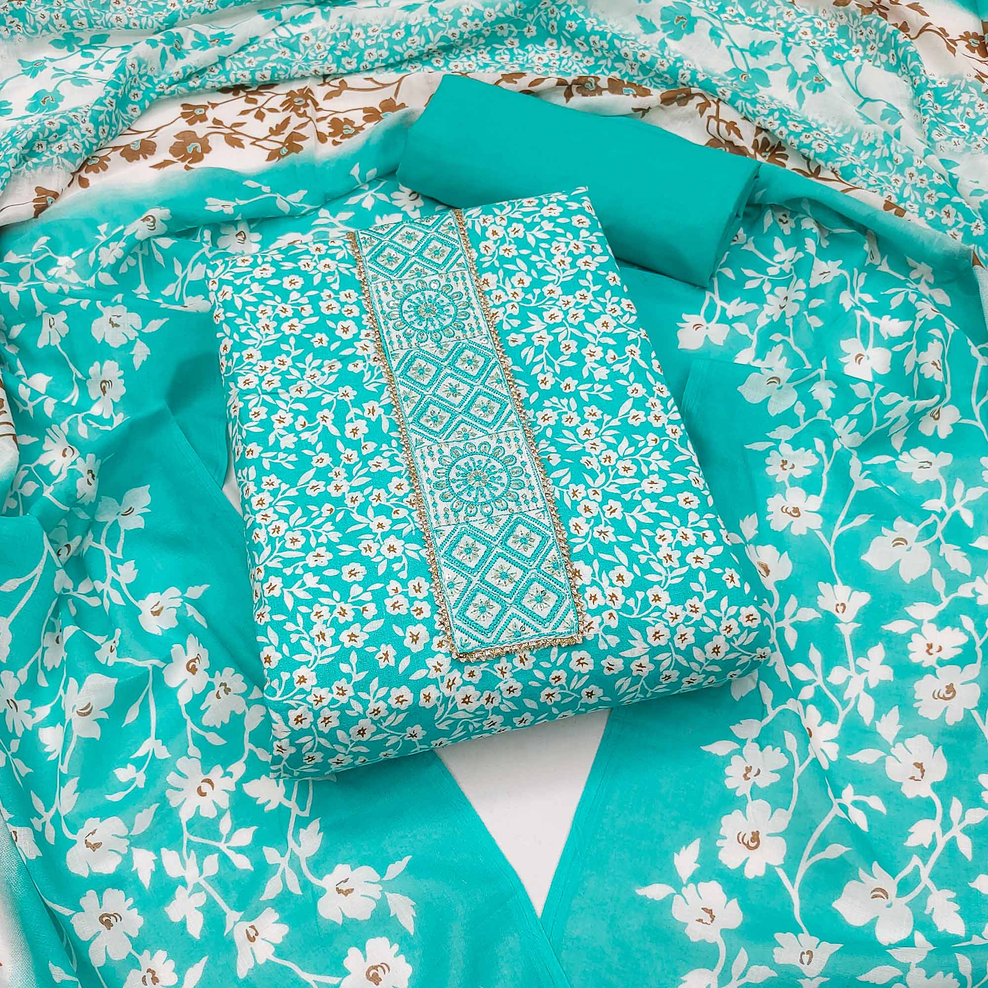 Blue Floral Printed Pure Cotton Dress Material