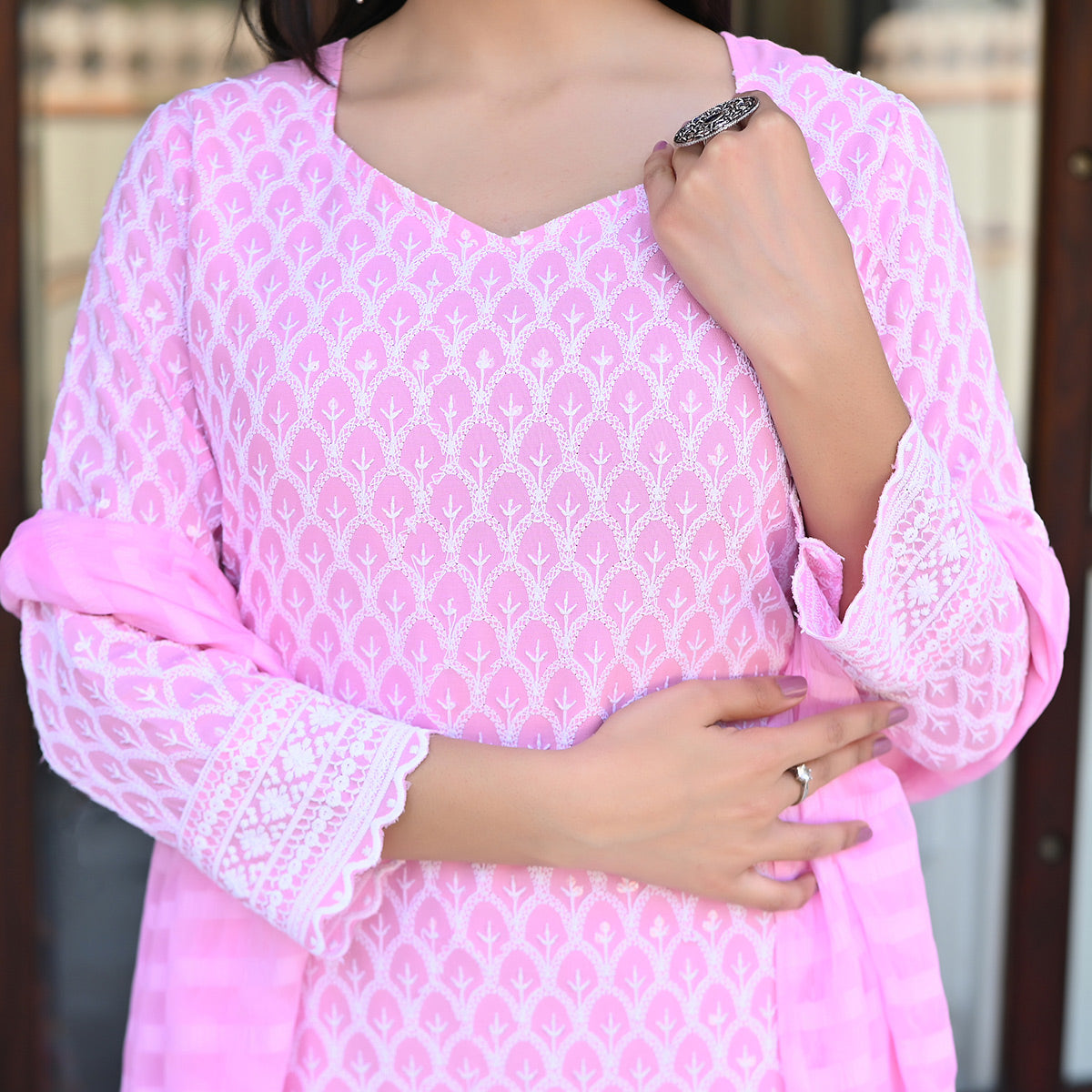 Pink lucknowi Work Cotton Blend Salwar Suit