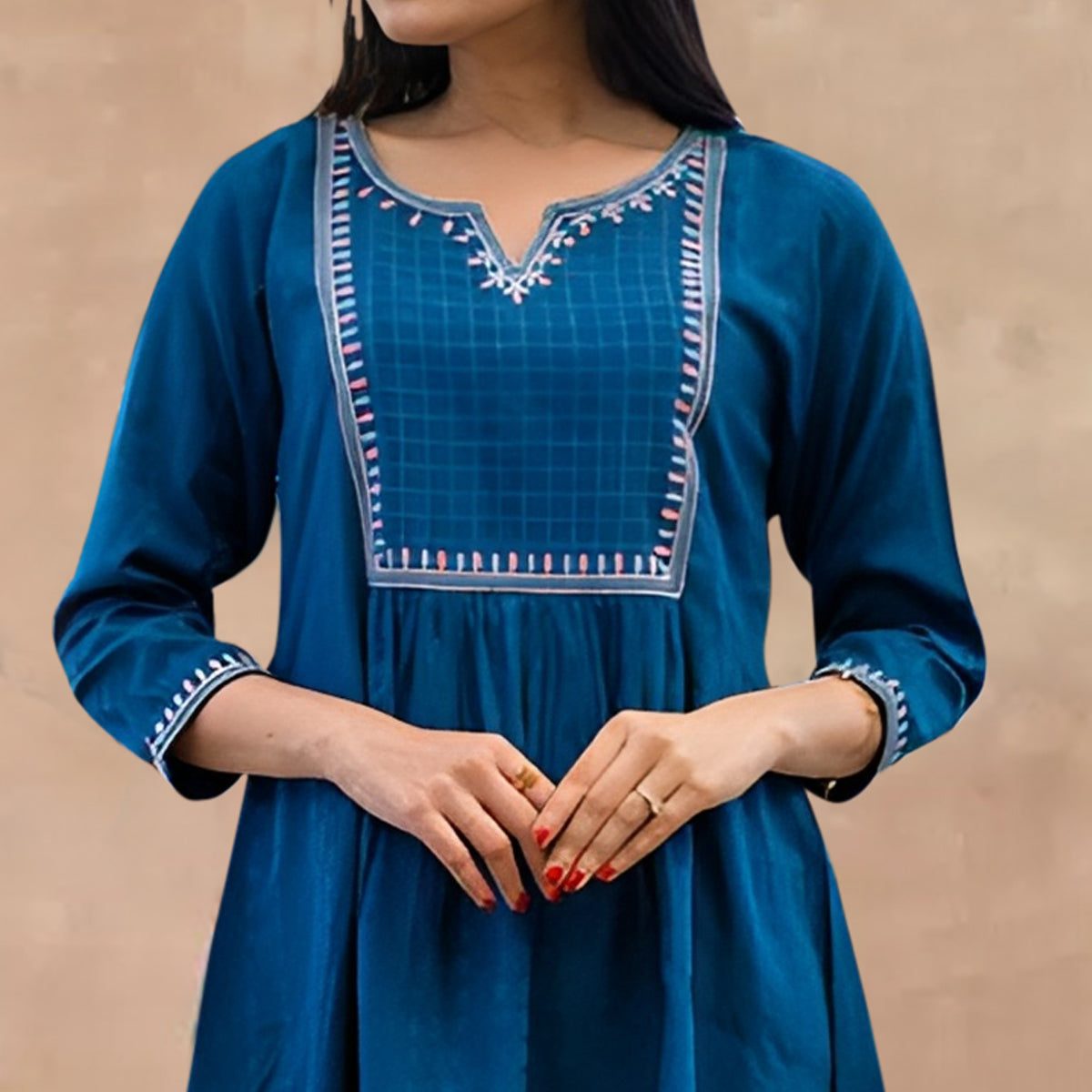 Blue Embroidered Rayon Top