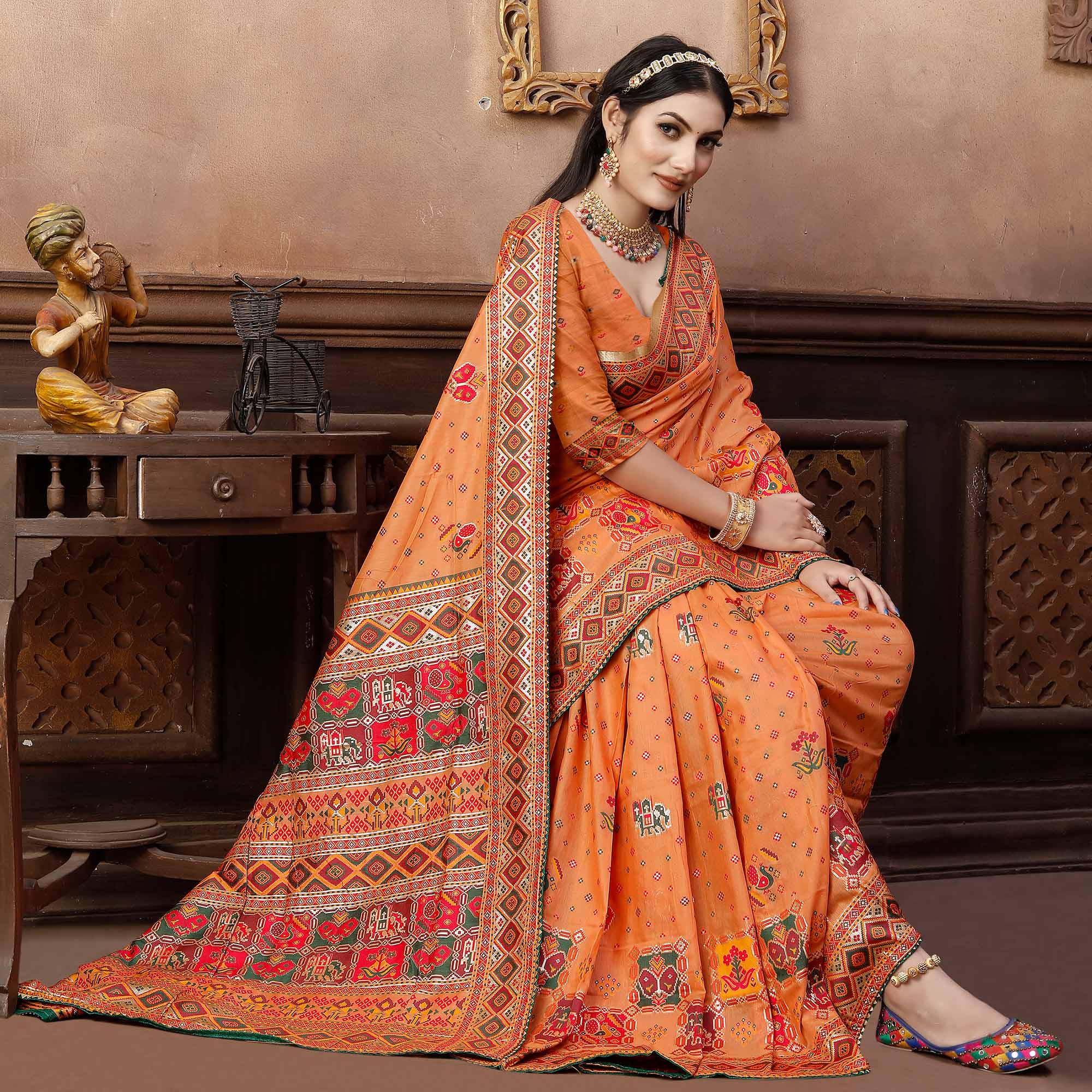 Orange Woven With Gota Patti Work Pashmina Saree