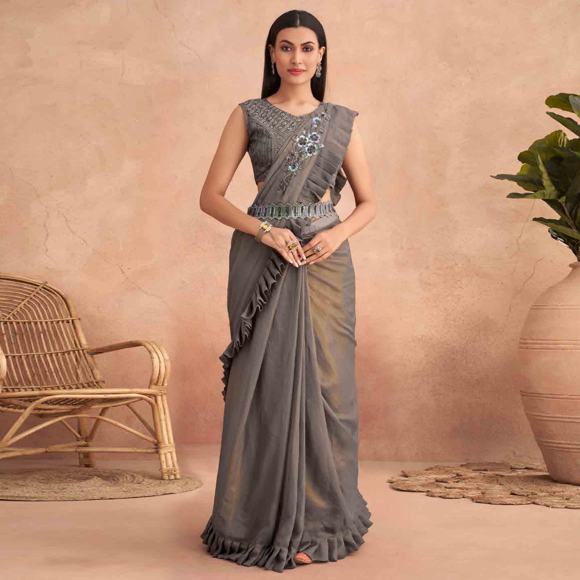 Grey Sequins Embroidered Ready to Wear Georgette Saree