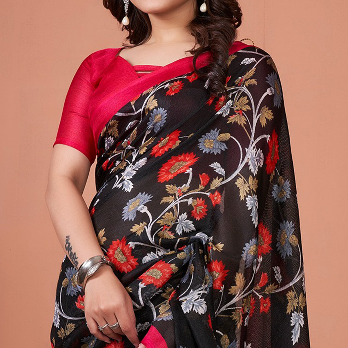 Black Floral Printed Jute Saree With Tassels