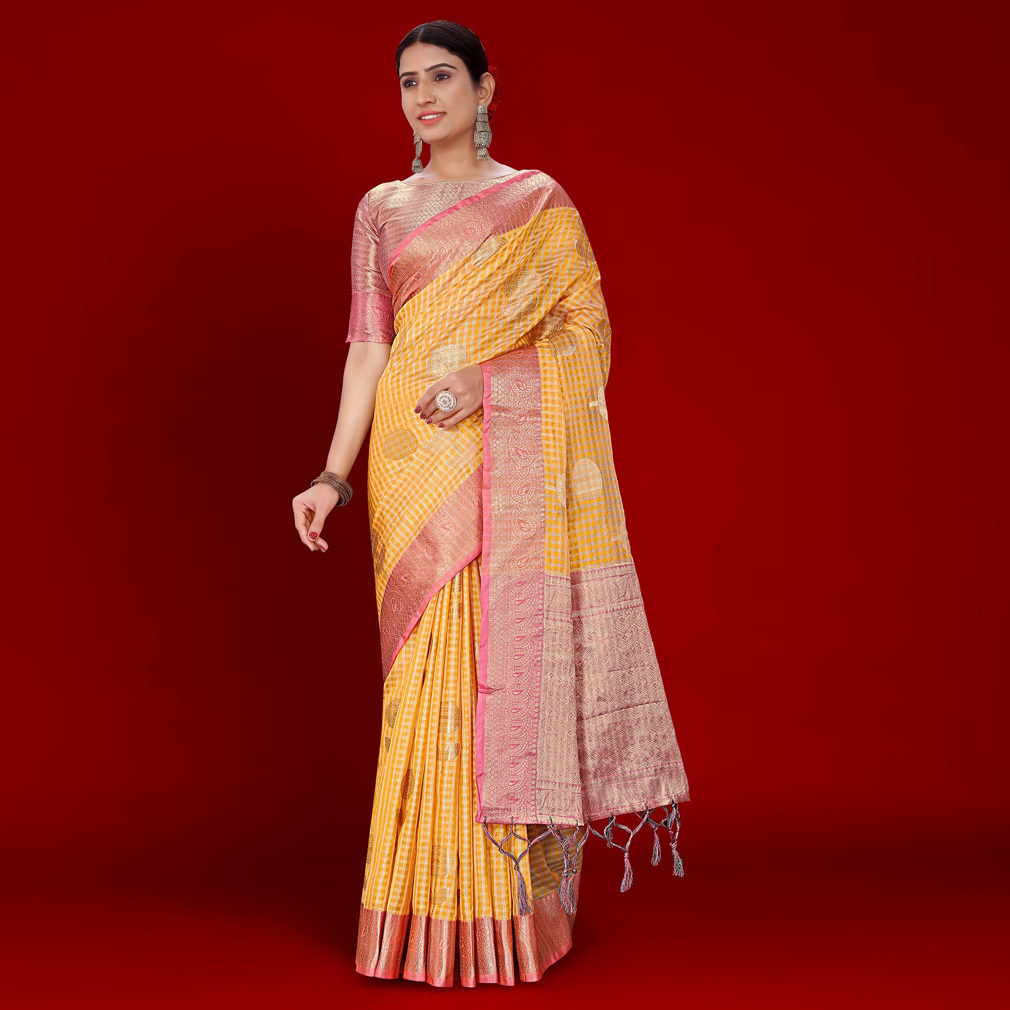 Mustard Floral Woven Organza Saree With Tassels