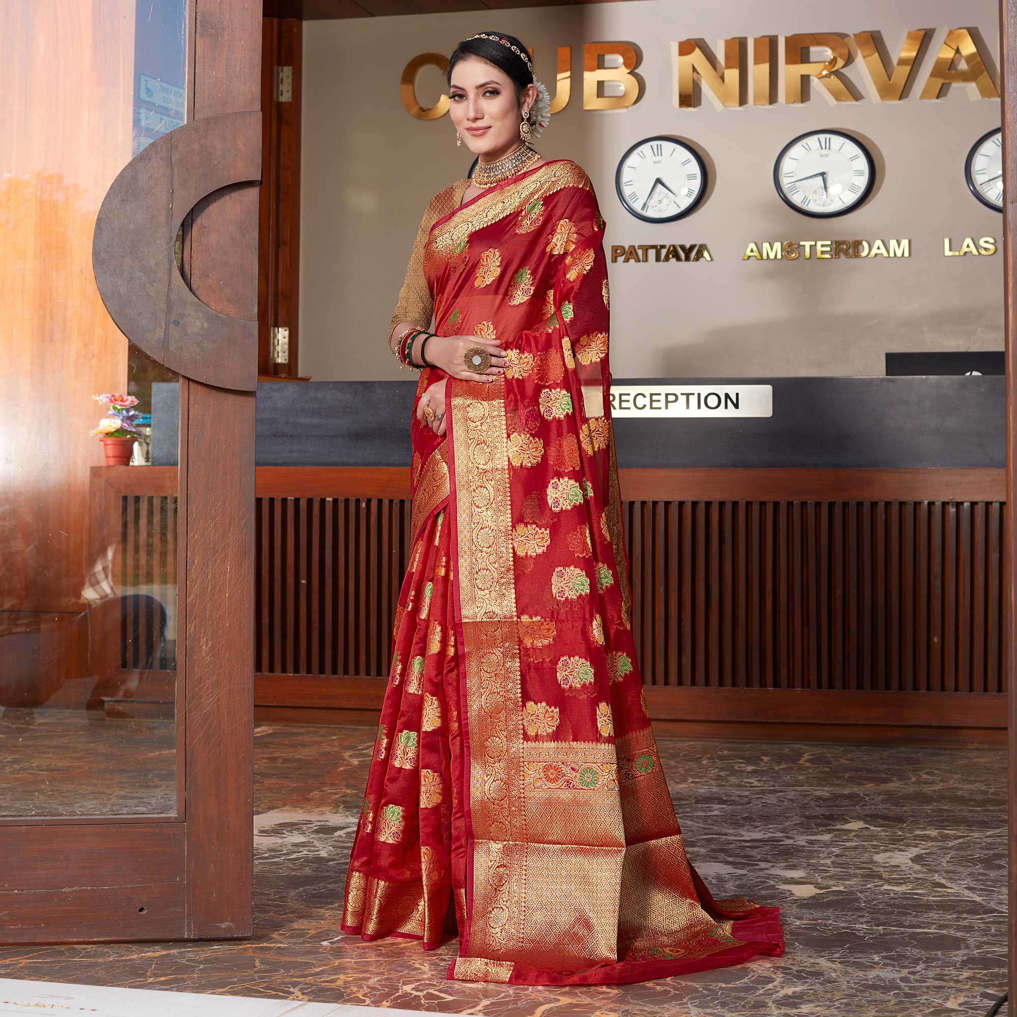 Red Floral Woven Organza Saree