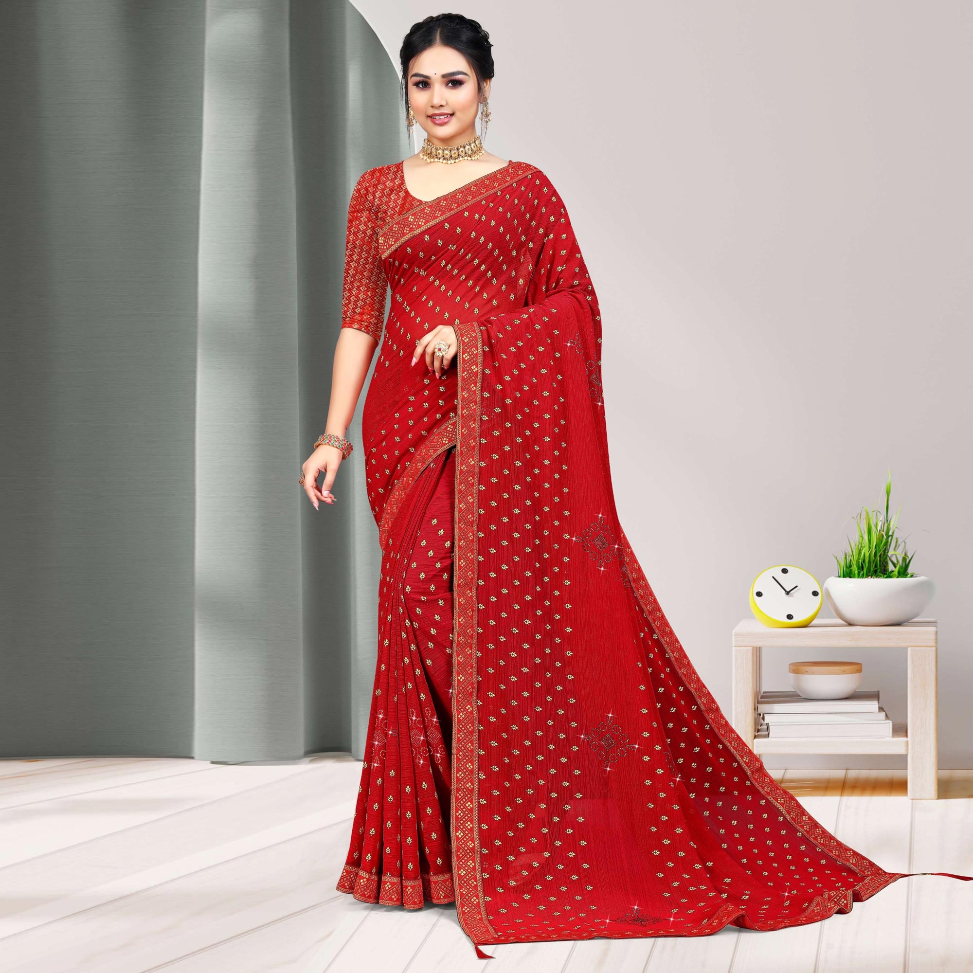 Red Woven Chiffon Saree