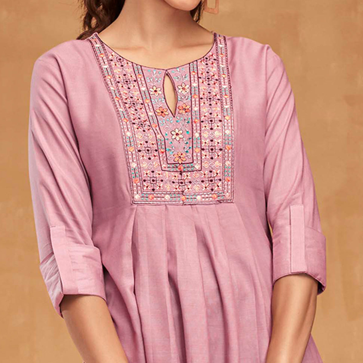 Pink Floral Embroidered Rayon Top