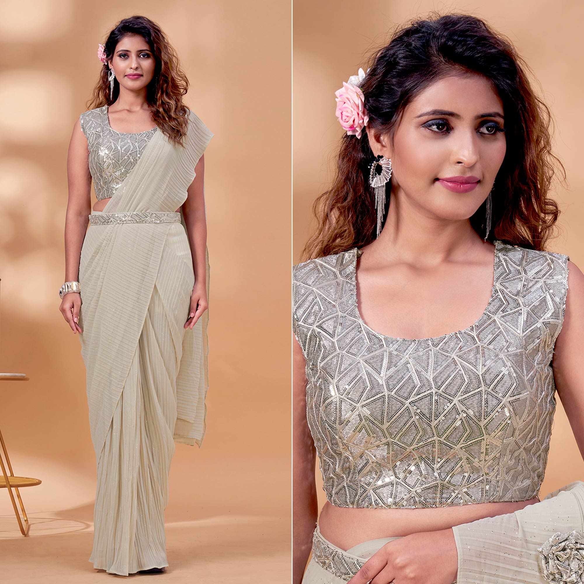 Cream Sequins Embroidered Ready to Wear Georgette Saree
