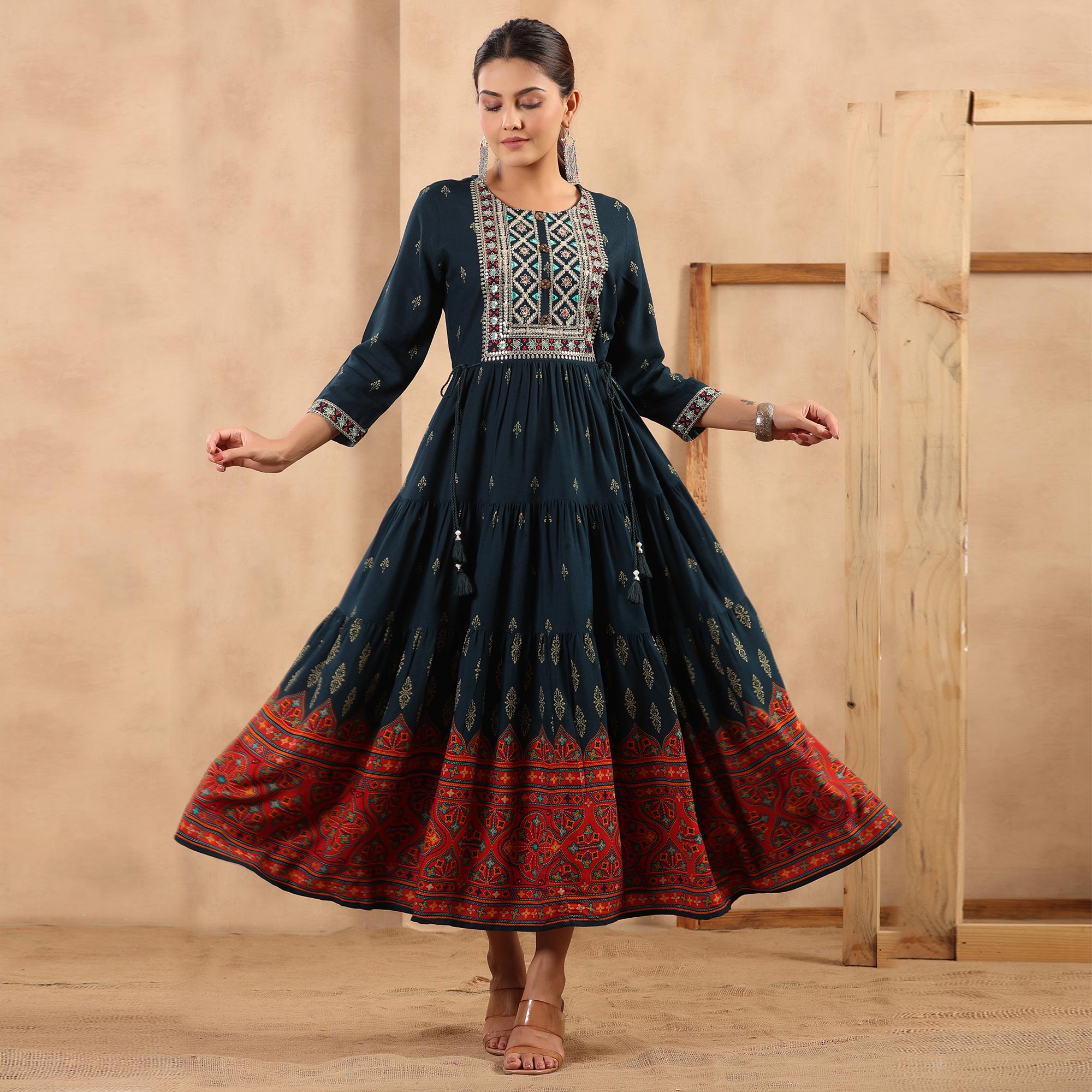 Navy Blue Printed With Embroidered Rayon Gown