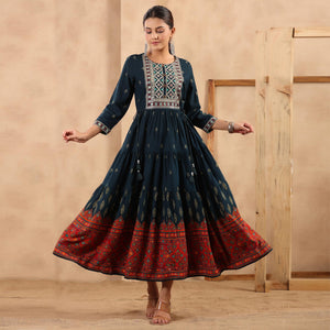 Navy Blue Printed With Embroidered Rayon Gown