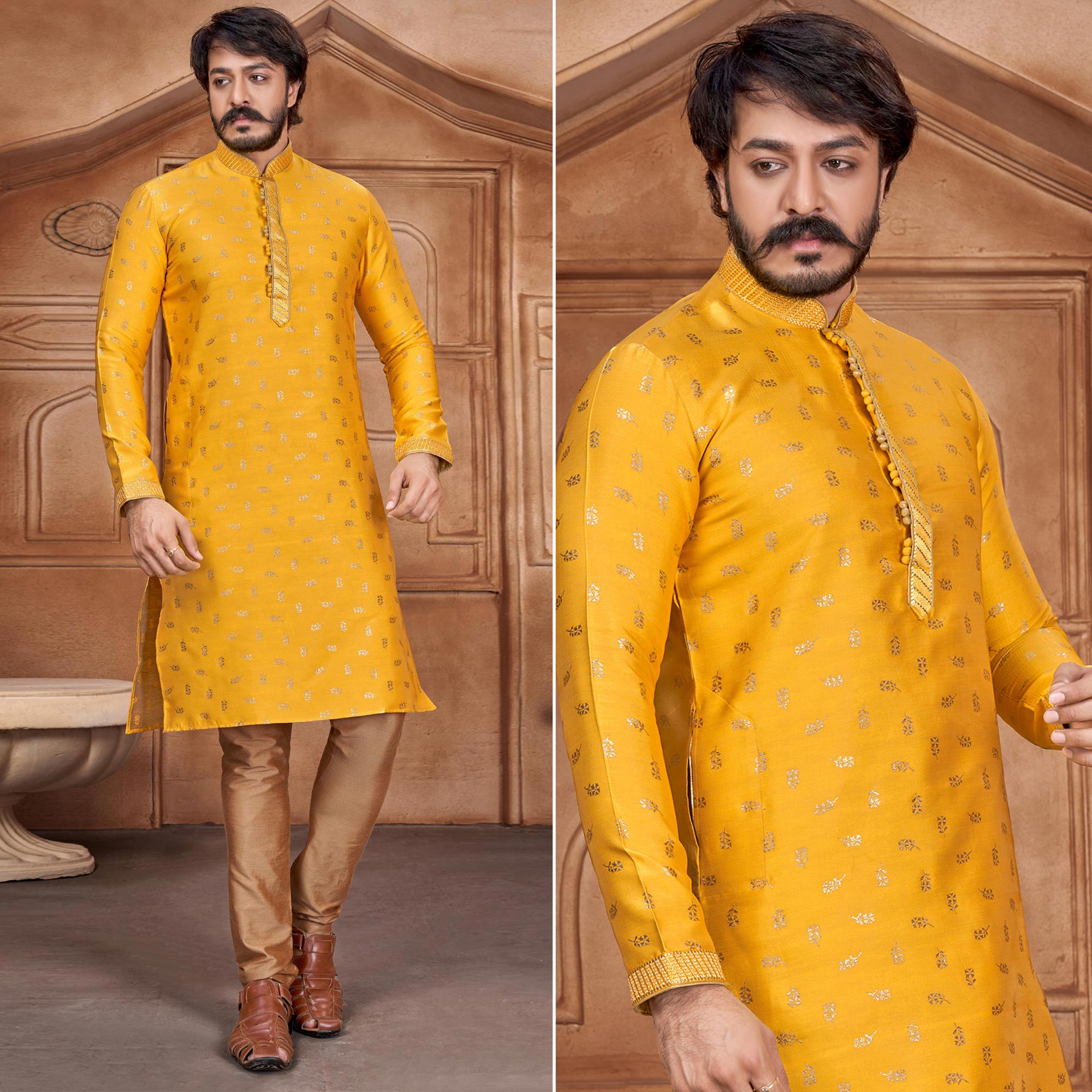 Yellow Woven Jacquard Kurta Pyjama Set