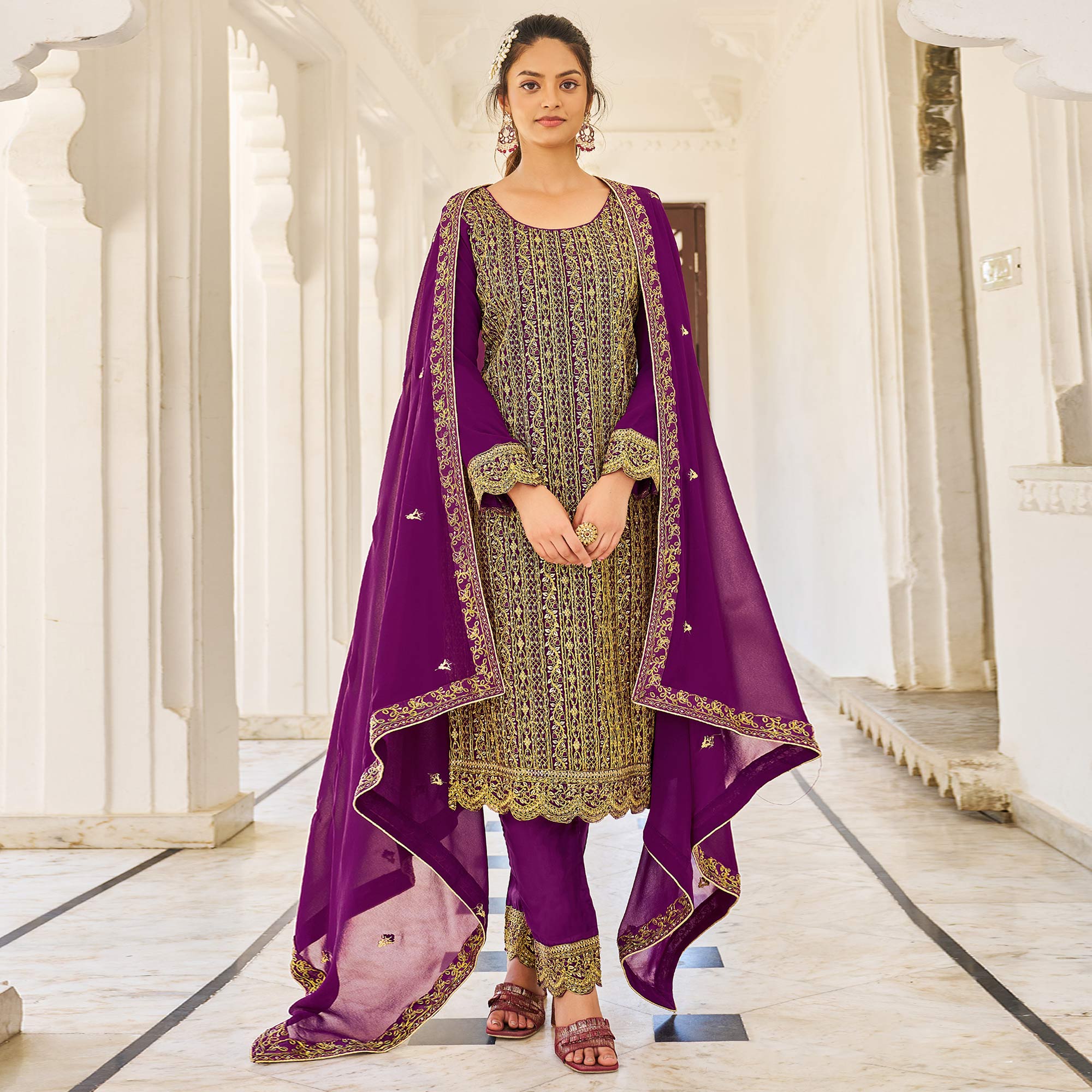 Purple Sequins Embroidered Georgette Suit