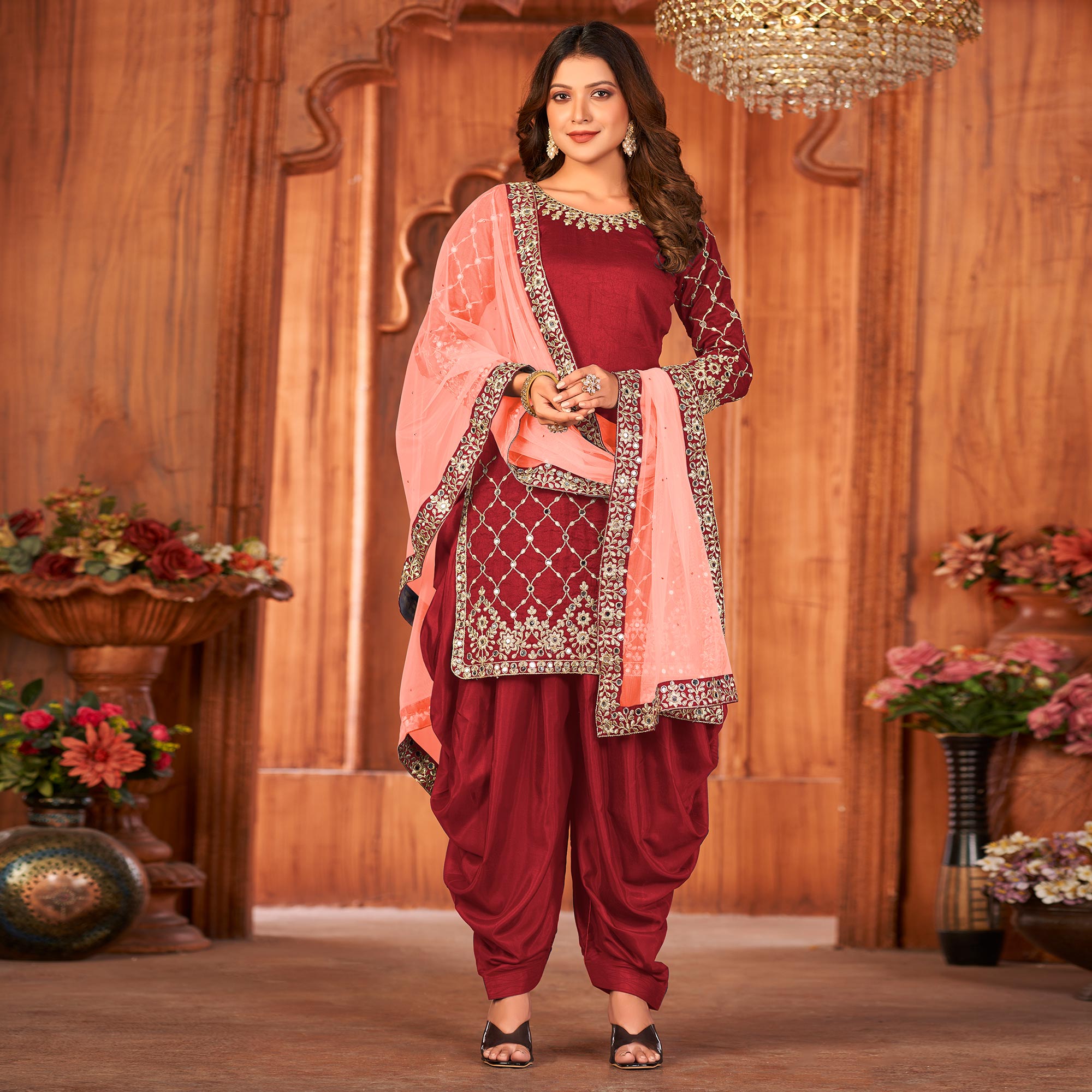 Red Embroidered Art Silk Patiala Suit