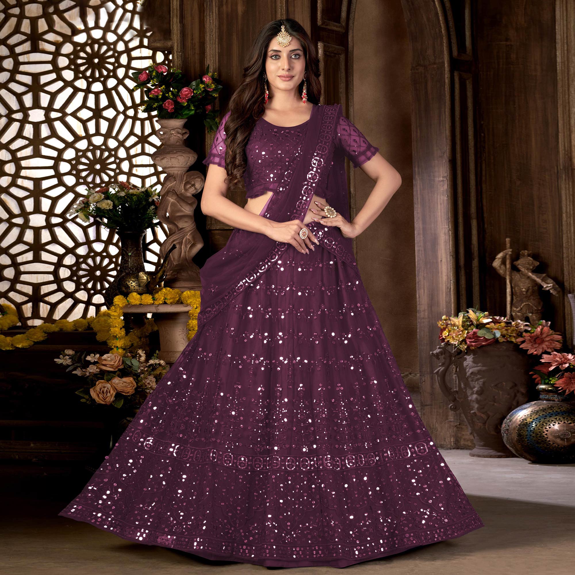 Wine Sequins Embroidered Netted Lehenga Choli