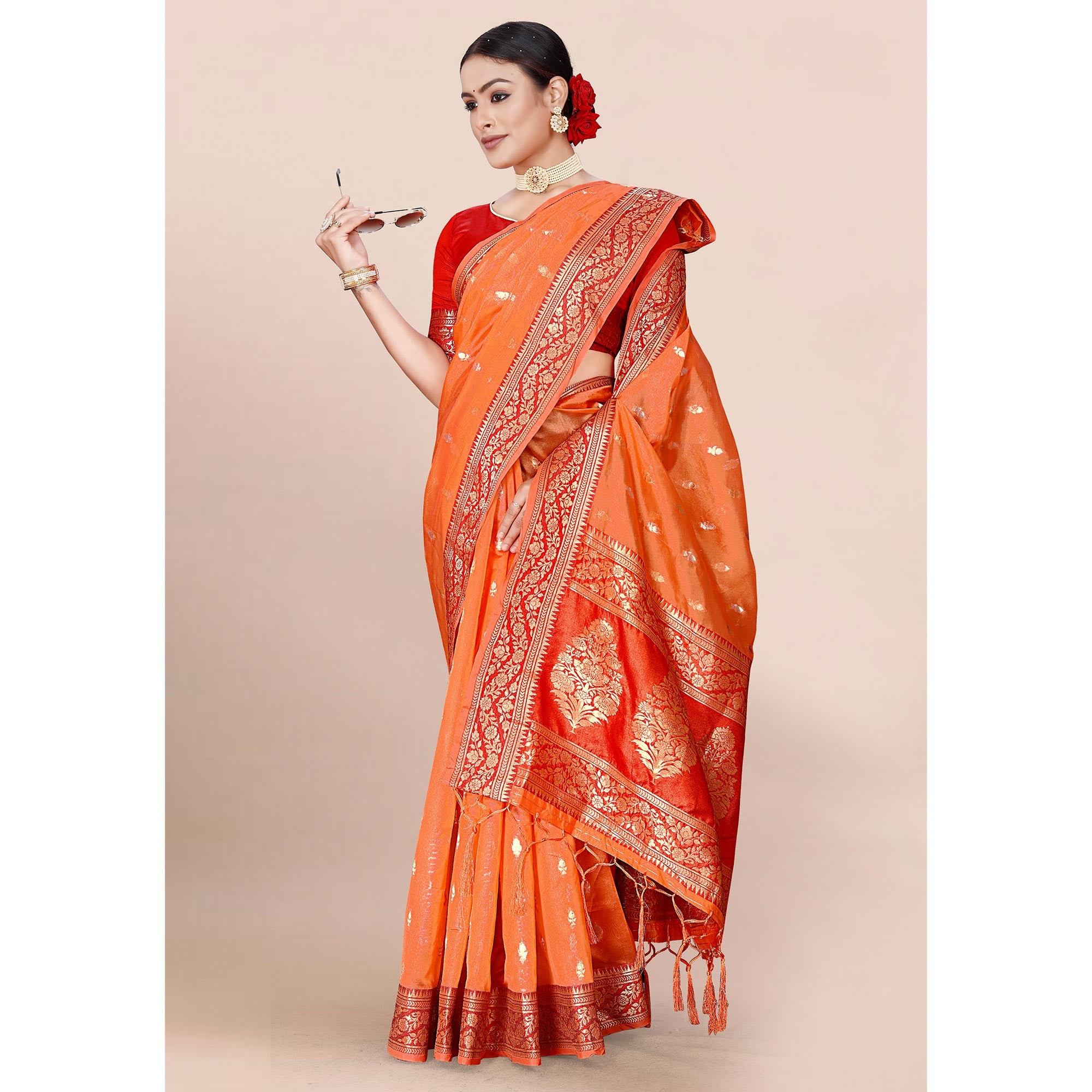 Orange Woven Organza Saree With Tassels