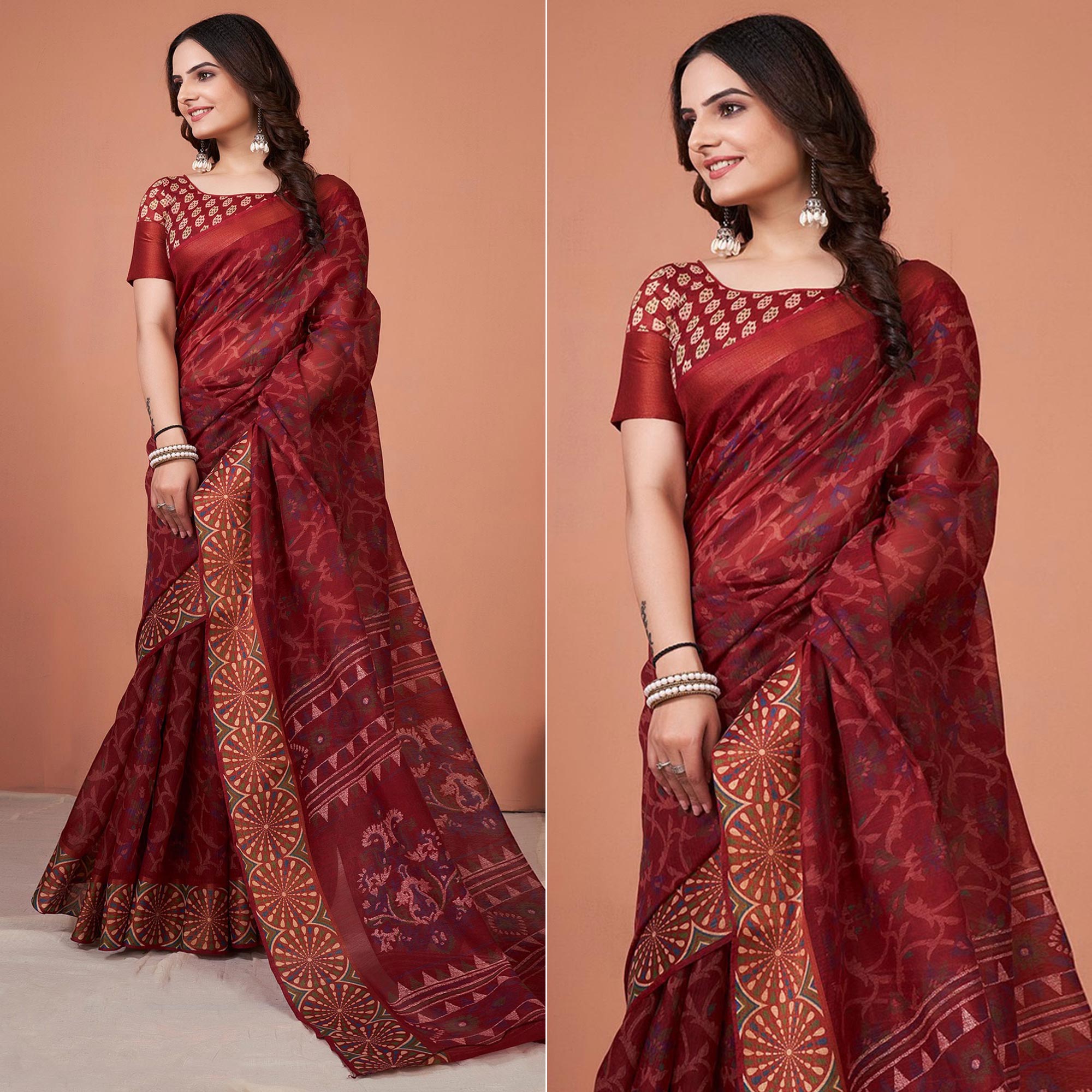 Maroon Printed Cotton Saree With Tassels