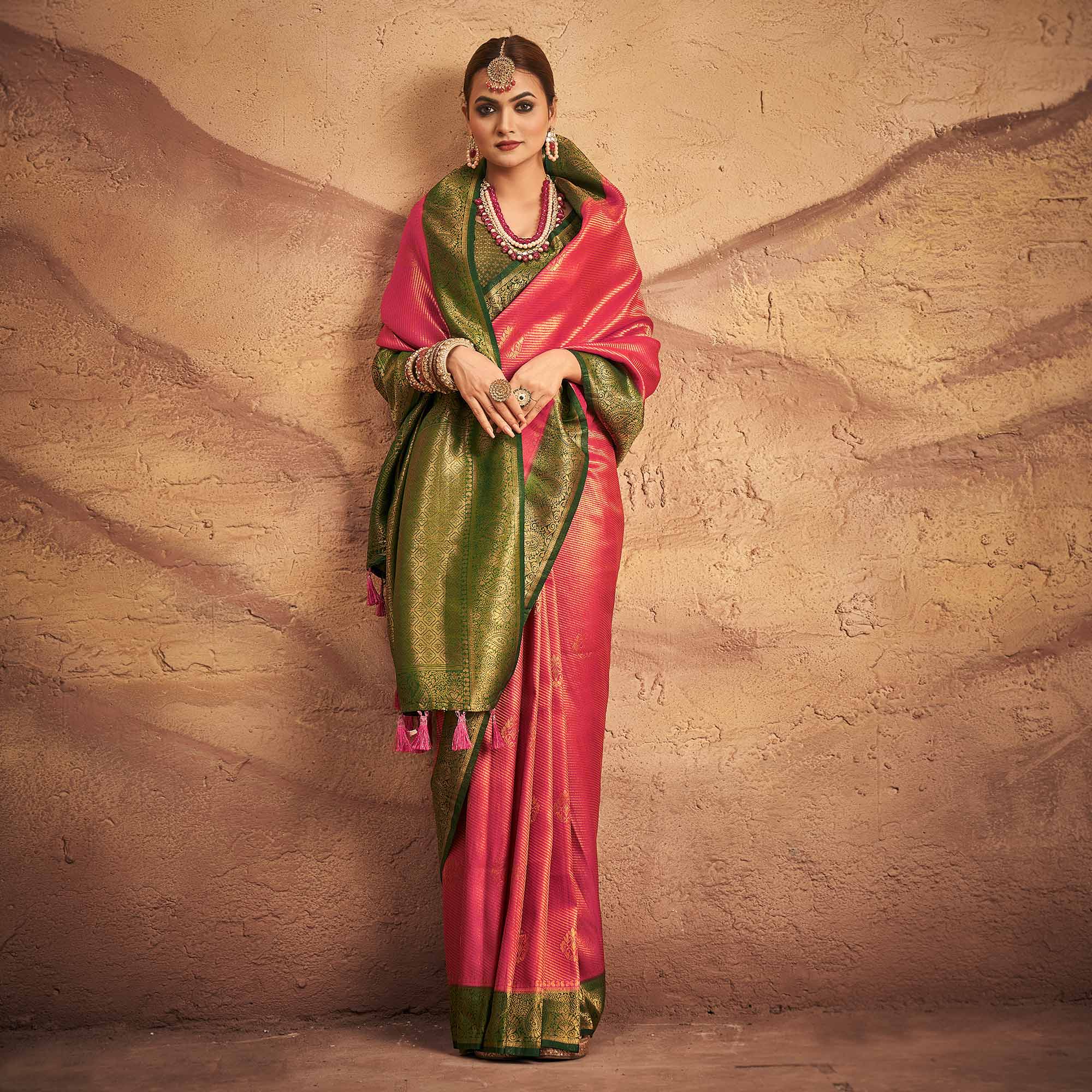 Pink Woven Art Silk Saree With Tassels