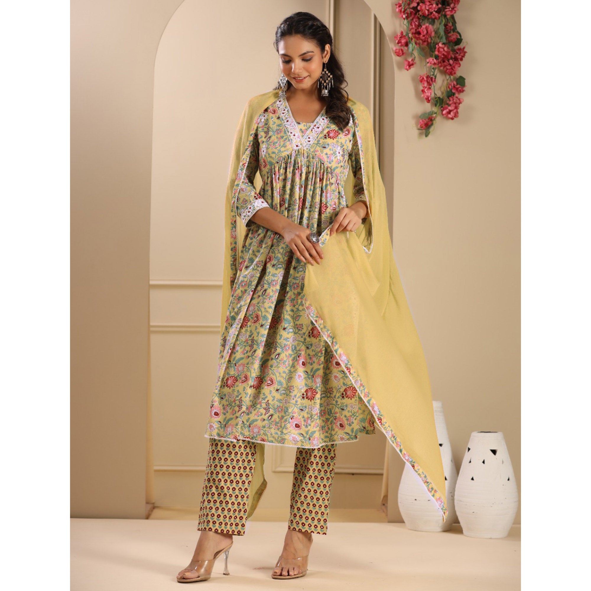 Mustard Floral Printed Pure Cotton Naira Cut Suit