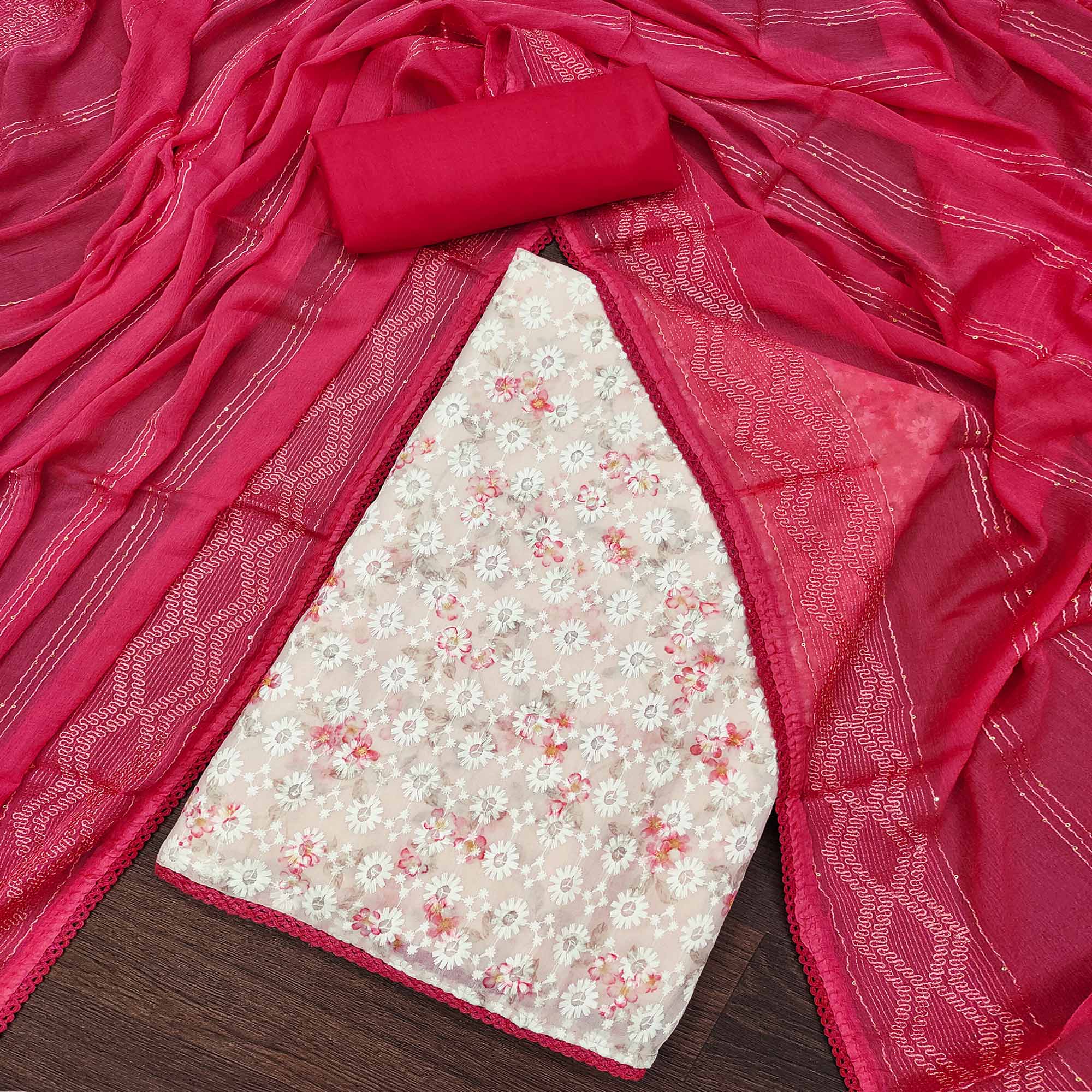 Pink Digital Printed With Embroidered Georgette Dress Material