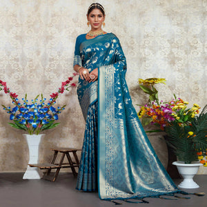 Teal Blue Woven Art Silk Saree With Tassels