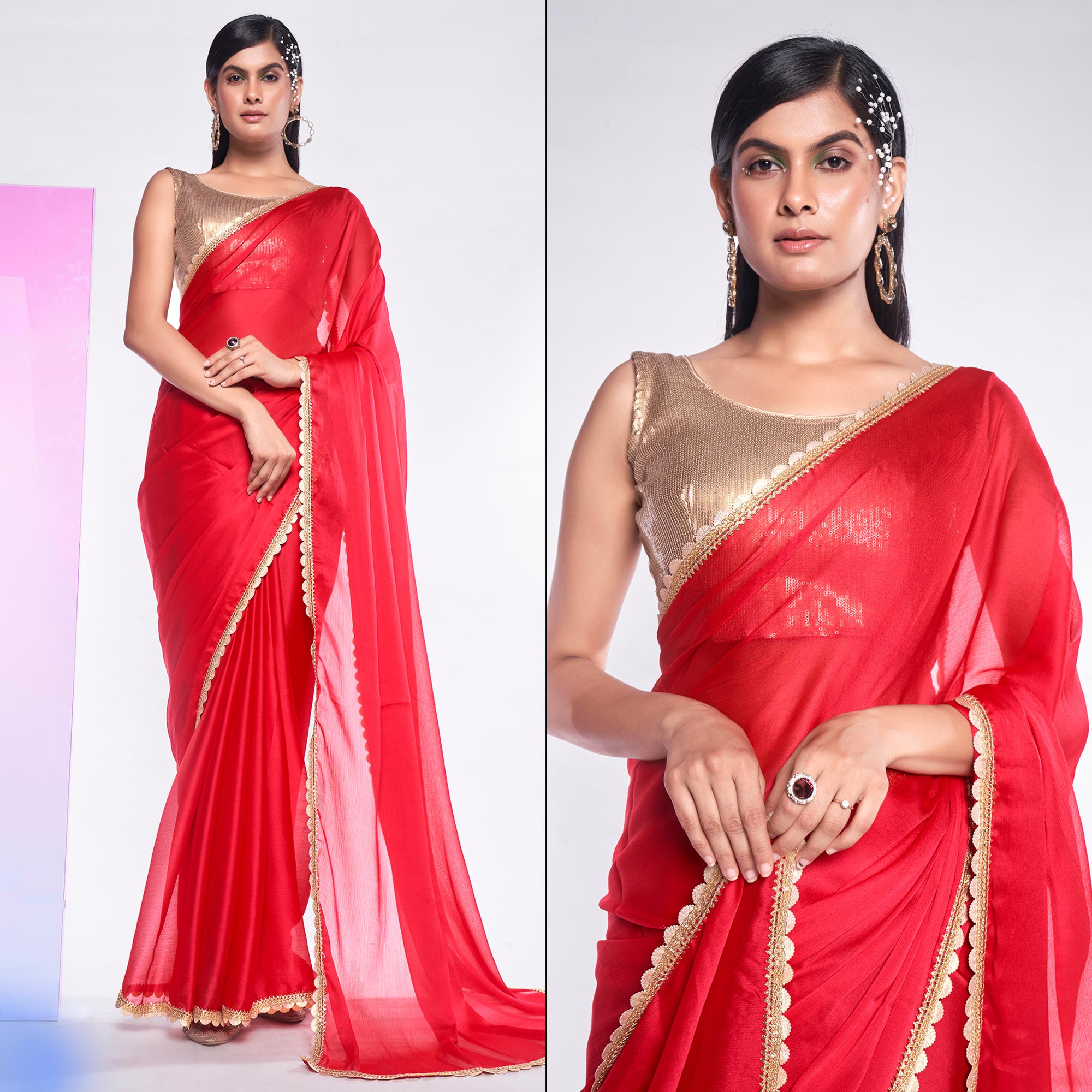 Pink Solid With Embroidered Border Georgette Saree