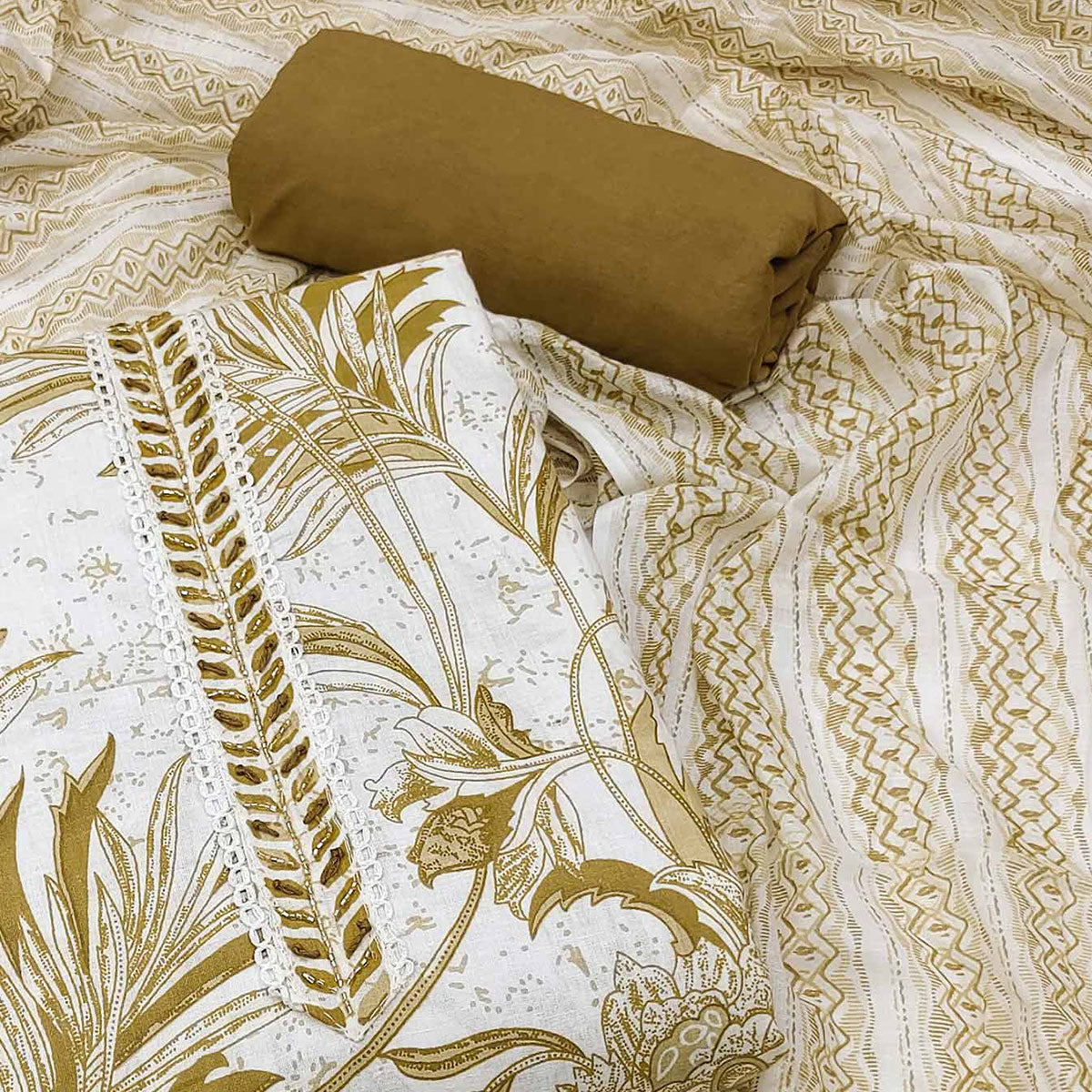 White & Mehendi Floral Printed Pure Cotton Dress Material