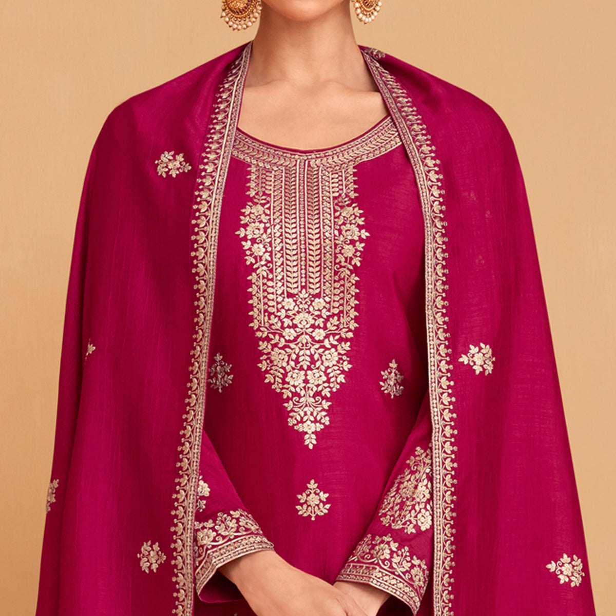 Magenta Pink Embroidered Art Silk Palazzo Suit