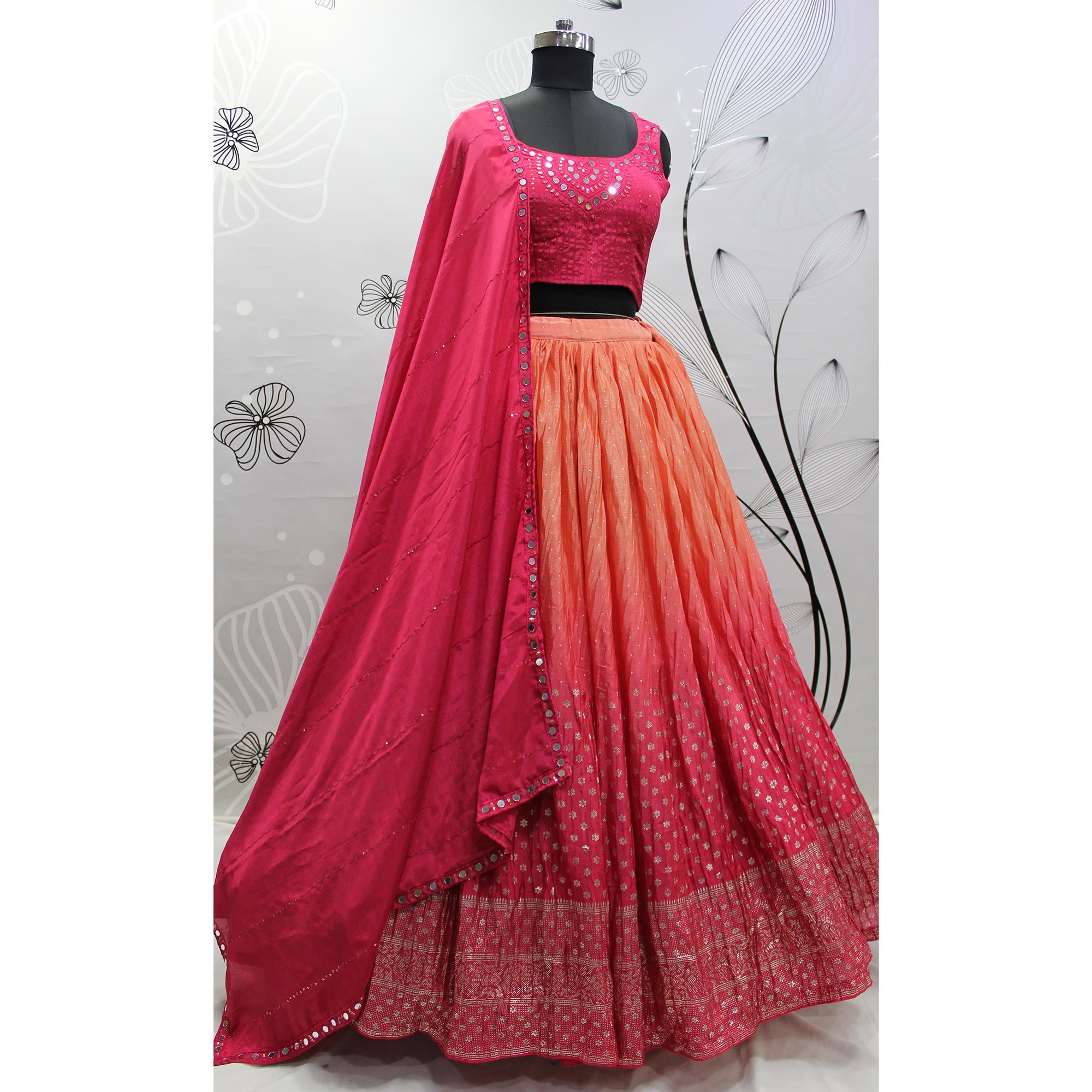 Peach & Pink Foil Printed Chiffon Lehenga Choli