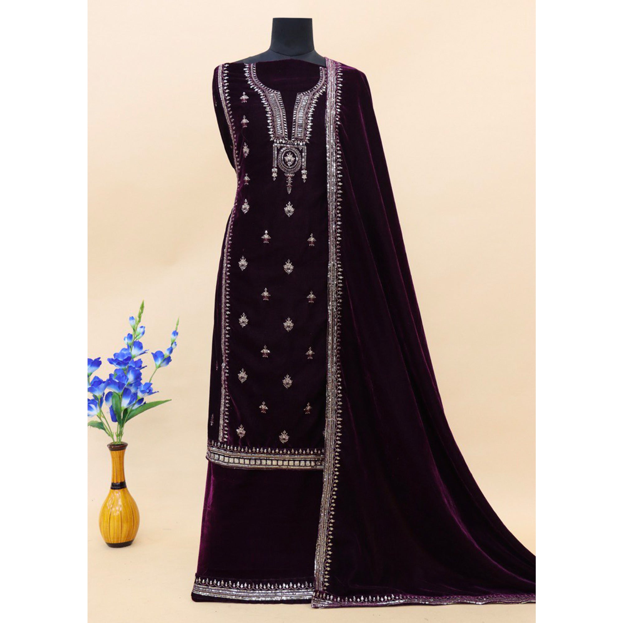 Purple Embroidered Velvet Pakistani Suit