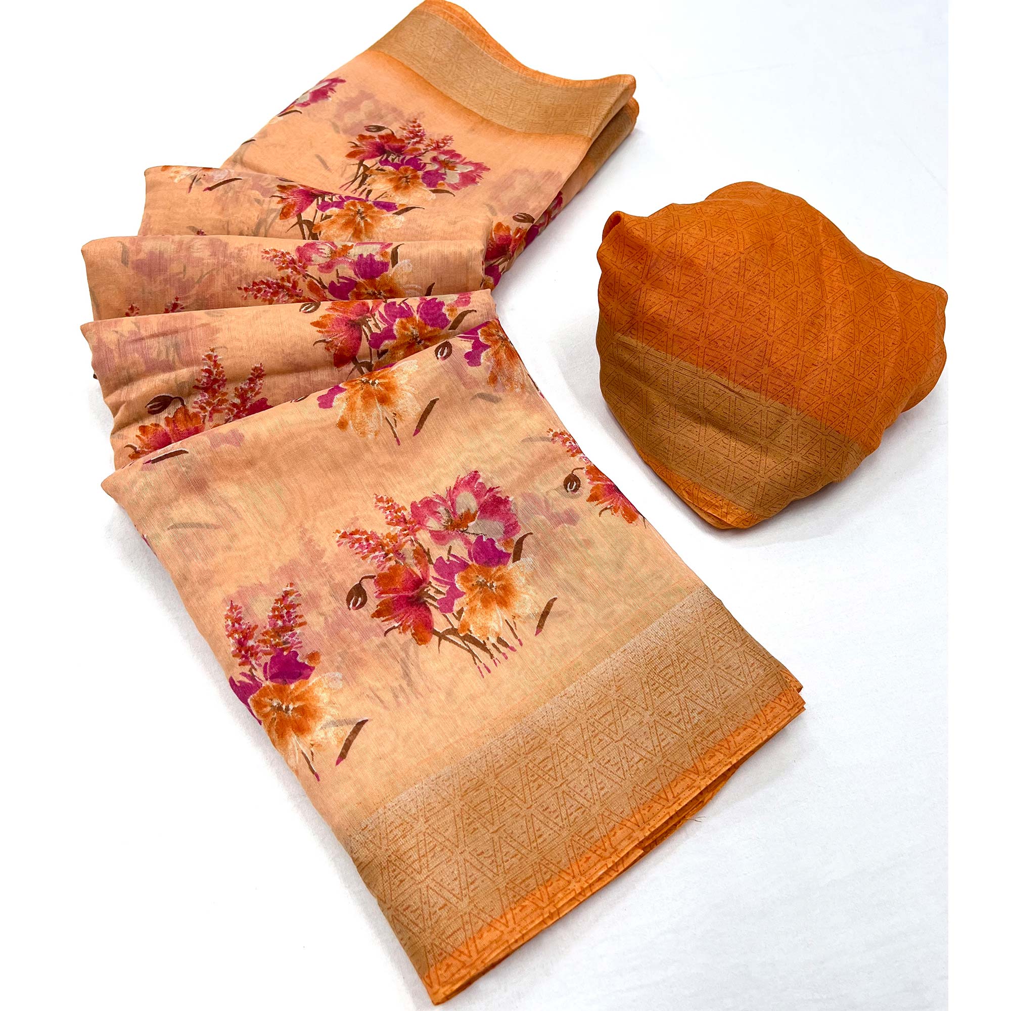 Peach Floral Printed Linen Saree