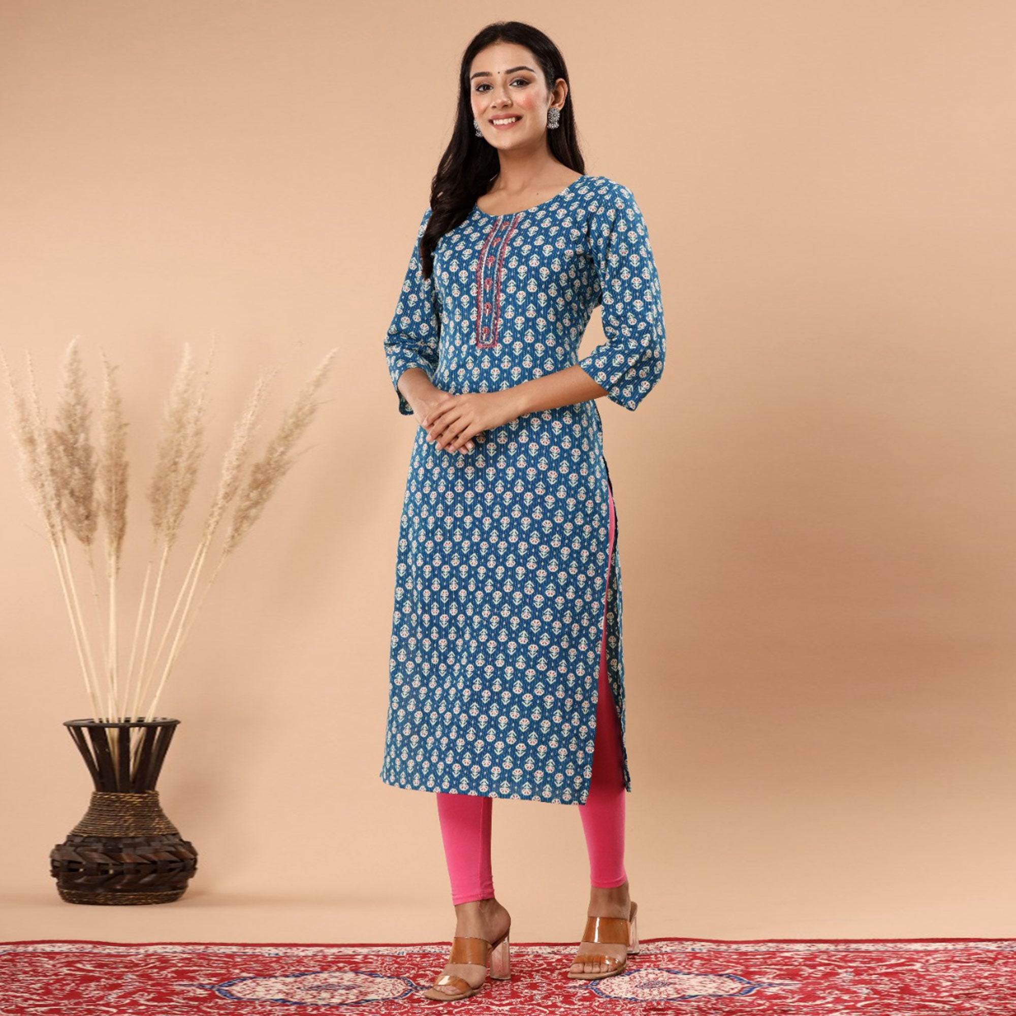 Blue Floral Printed Pure Cotton Kurti