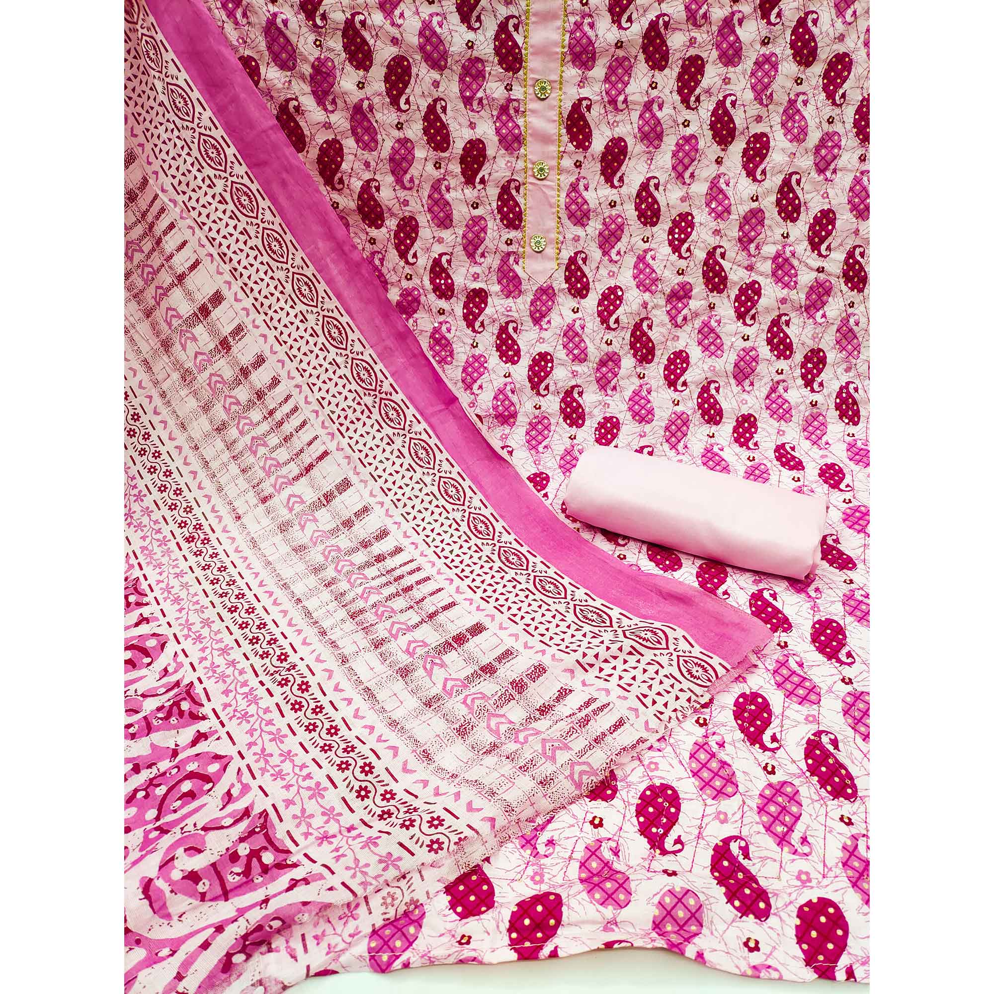 Pink Printed Pure Cotton Dress Material