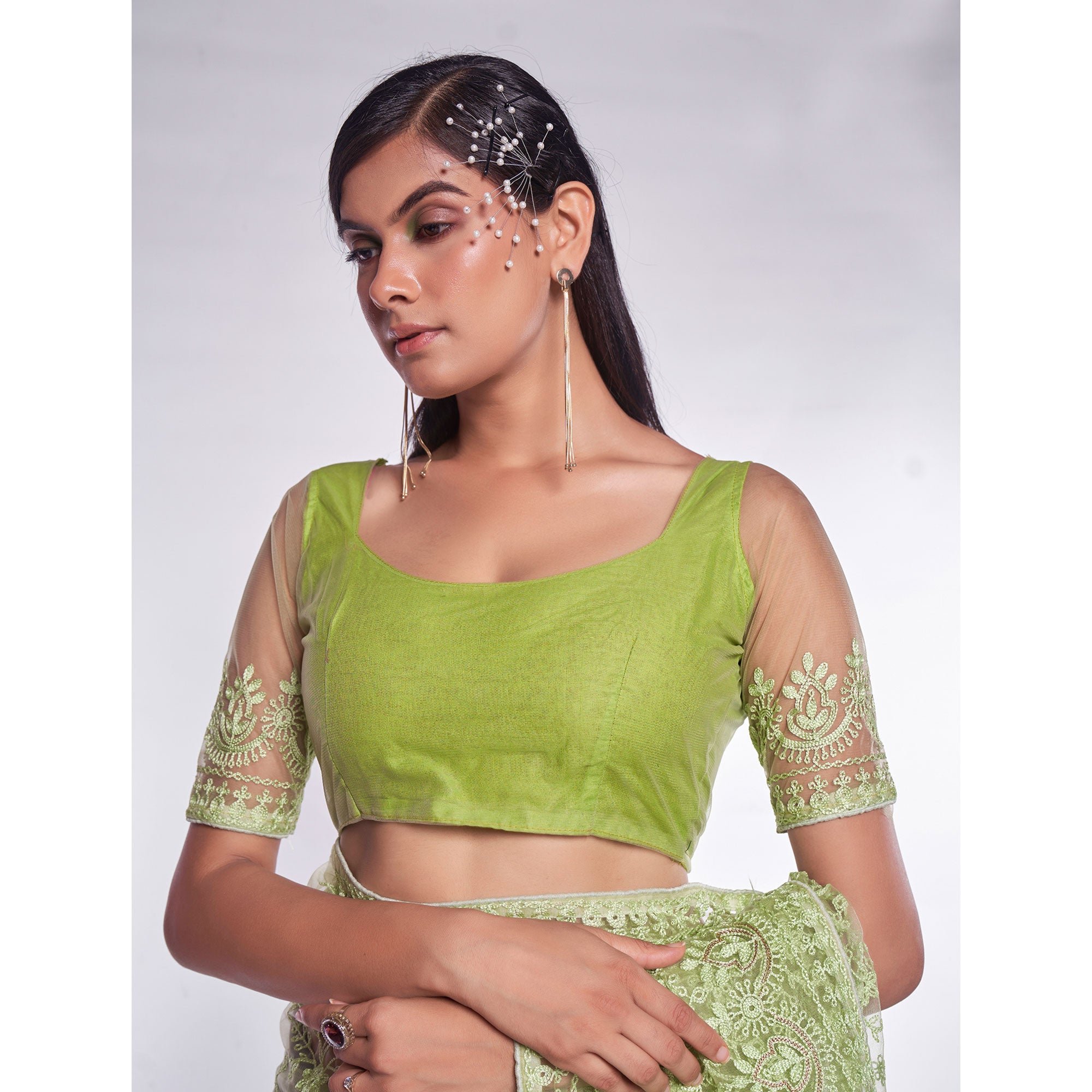 Green Floral Embroidered Net Saree